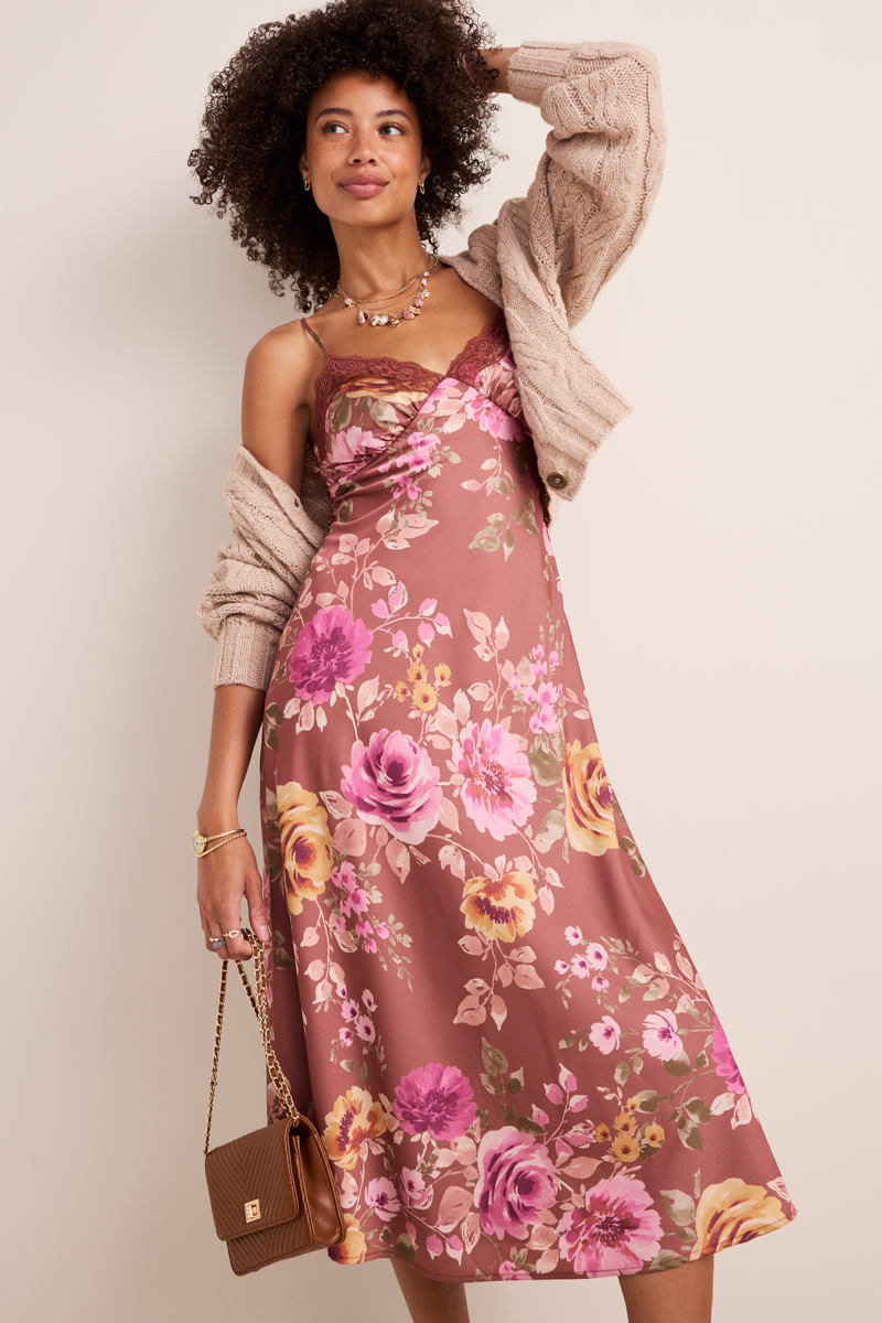 Liz Floral Satin Slip Midi Dress