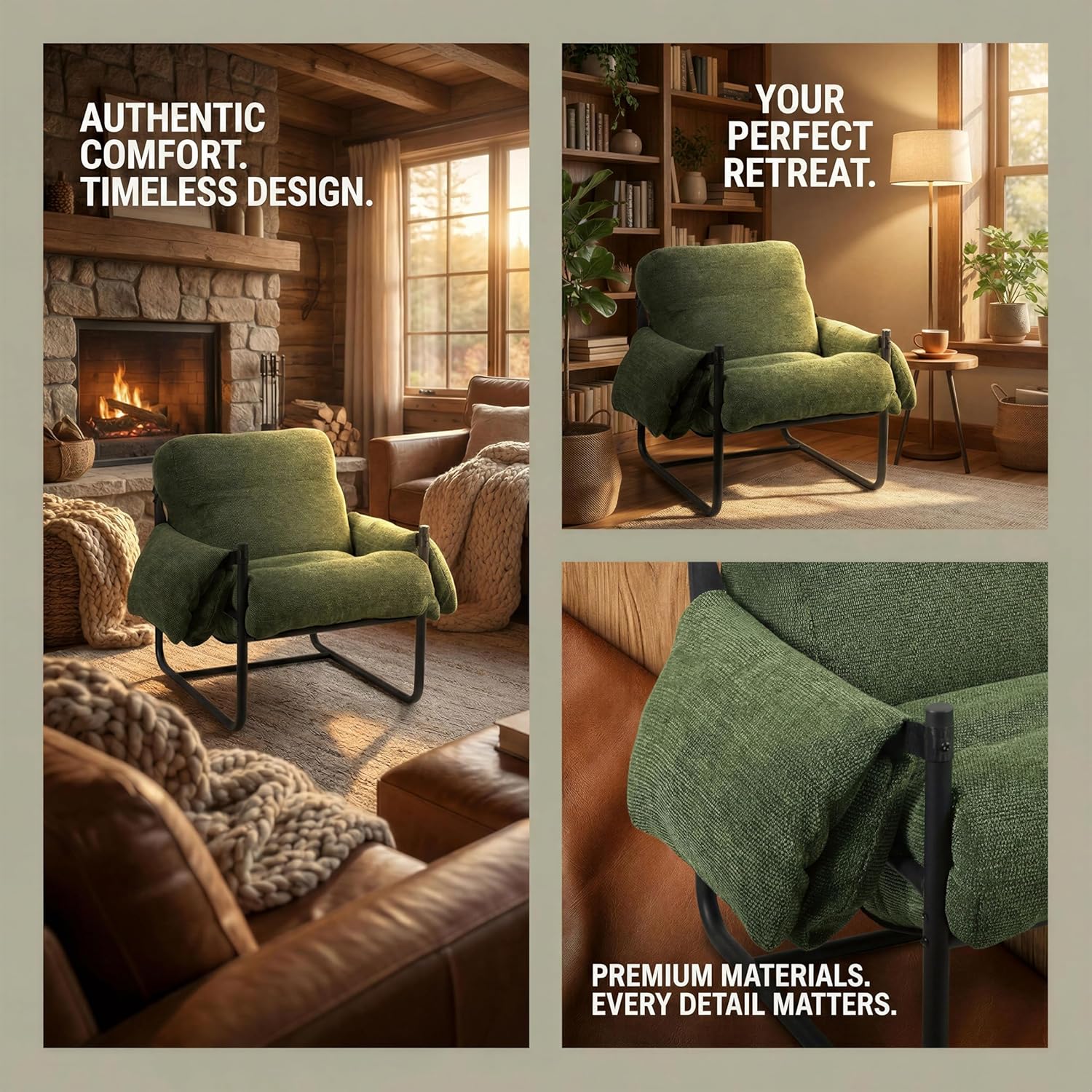 Kinfant Mid Century Modern Accent Chair, Chunky Upholstered Armchair with Metal Frame, Oversized Lounge Chair for Living Room Bedroom Small Spaces, Textured Chenille Fabric, Green