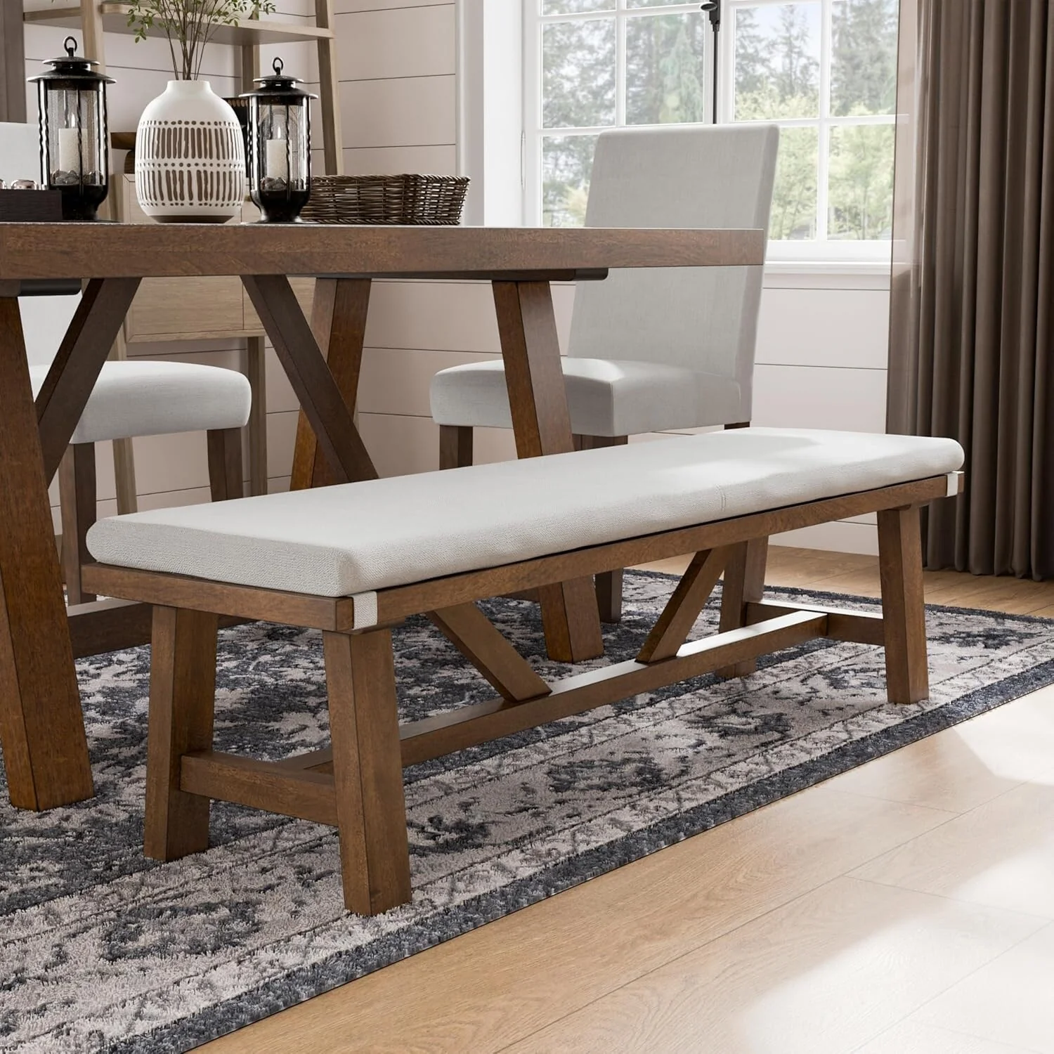 Upholstered Dining Bench with Trestle Base in Brown and White