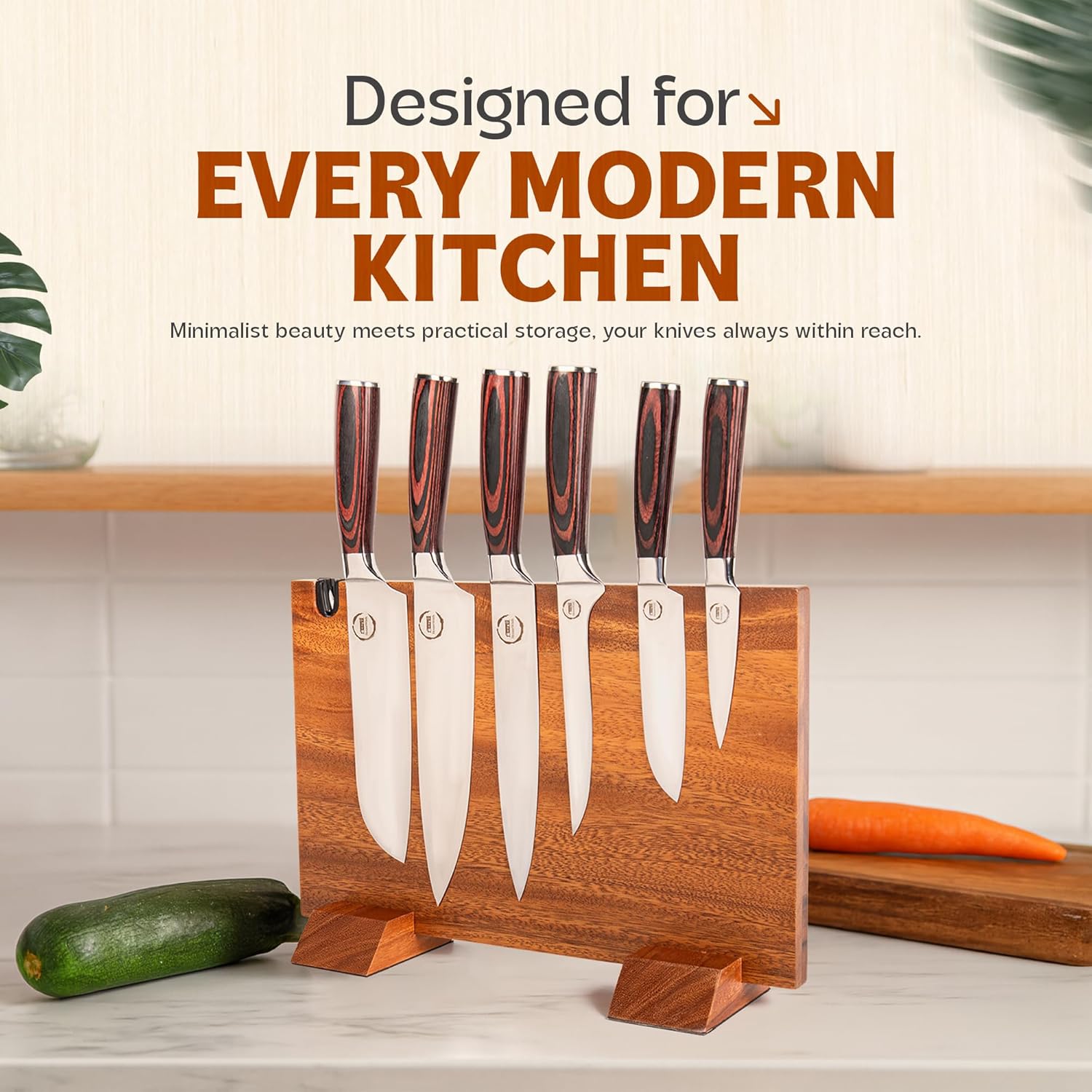 Double Sided Magnetic Knife Block with Built-in Knife Sharpener – Cool Knife Organizer, Wooden Kitchen Accessories Design with Non-Slip Bottom Grips for Stability | Maximize Counter Space