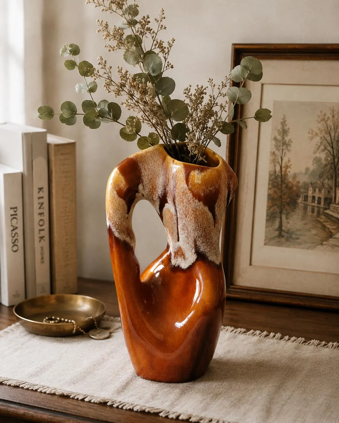 Vintage Drip Glaze Pottery Pitcher Vase, Sculptural Brown & Cream Ceramic Jug, Mid Century Art Pottery, Rustic MCM Home Decor