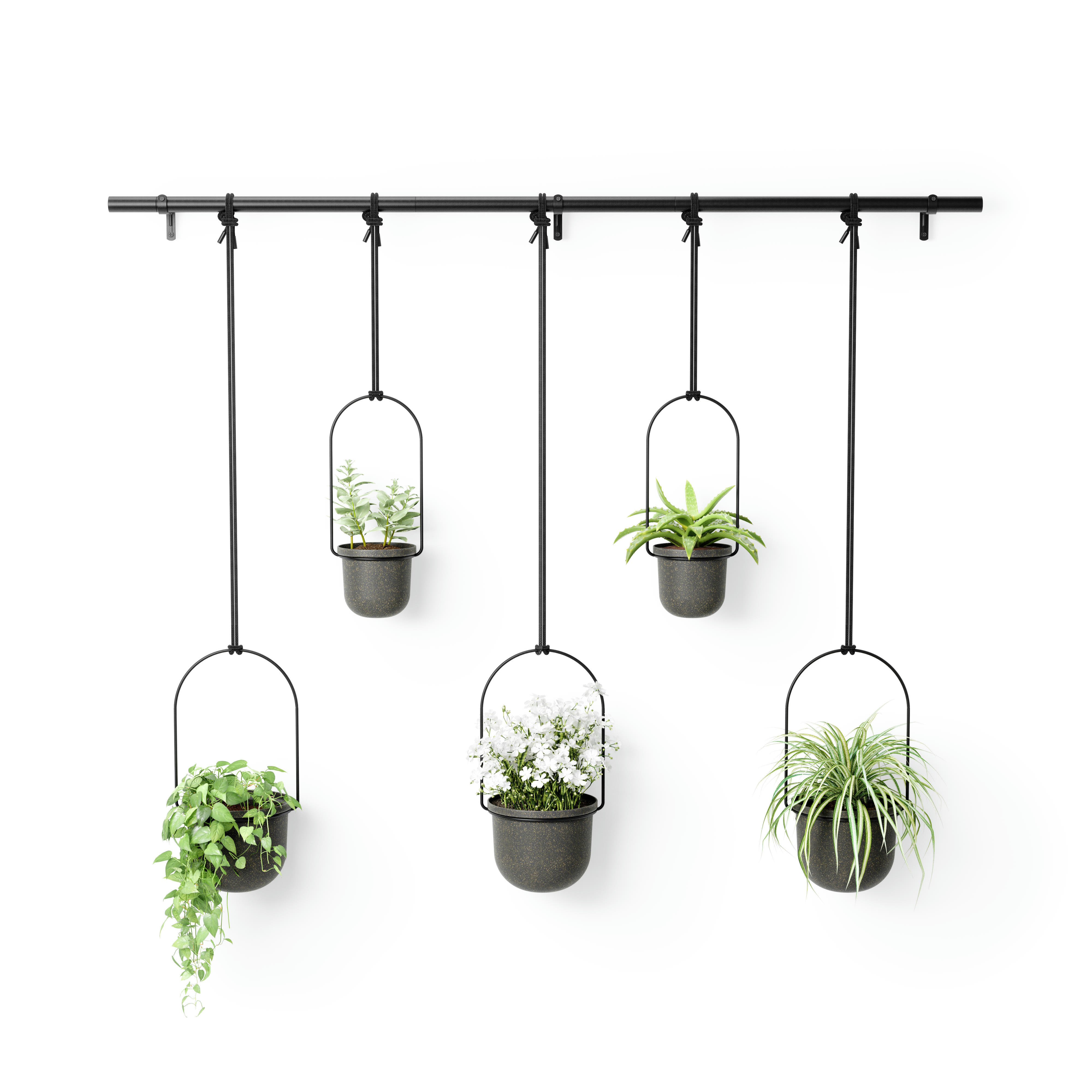 TRIFLORA - Ensemble de 5 pots de fleurs à suspendre en mélamine noir