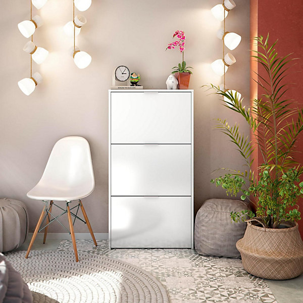Commode à chaussures en bois de 3 portes coloris blanc brillant - Dim : 113 x 60 x 22 cm