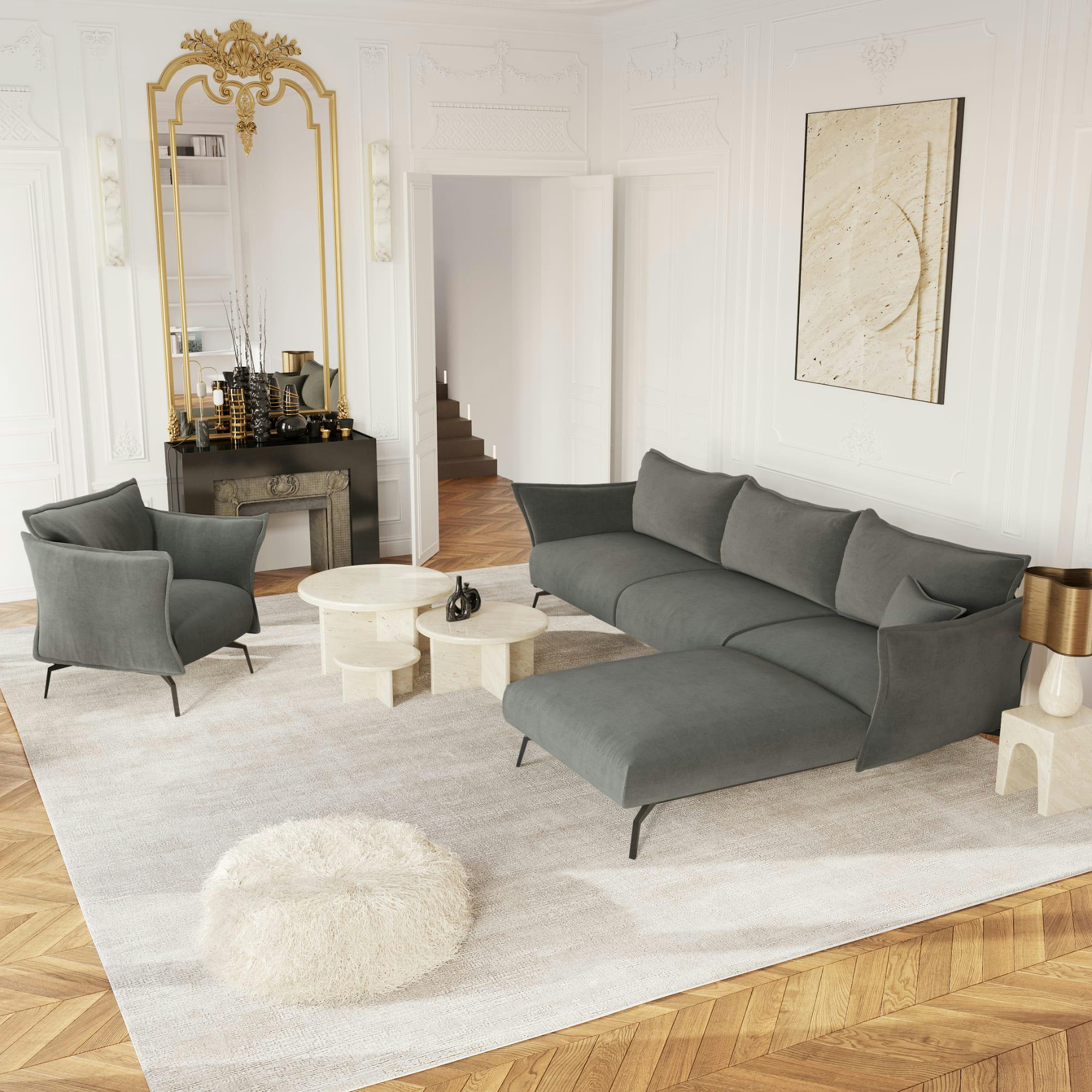 LENNY - Canapé d'angle droit velours gris graphite