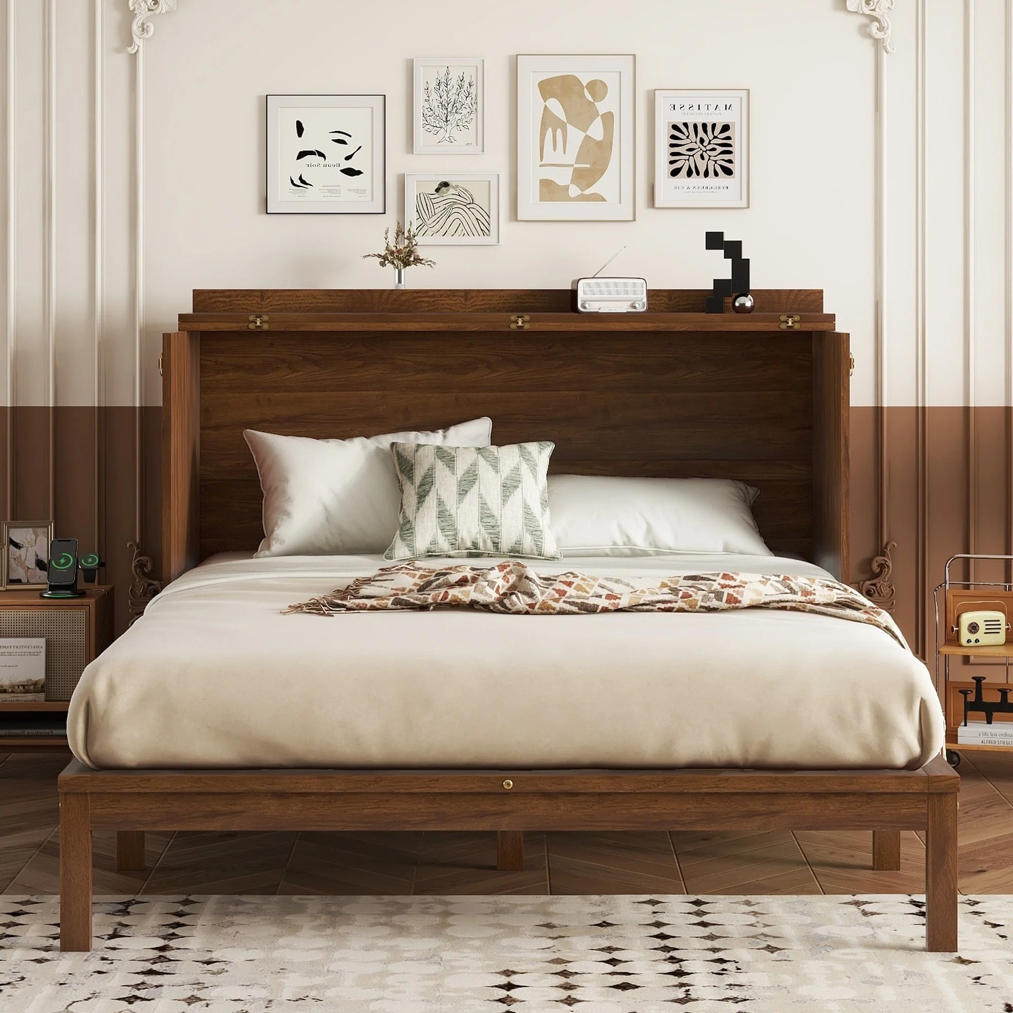 Queen Size Murphy Bed, Pine Wood Cabinet Bed with Power Station and Rattan Decoration Panel