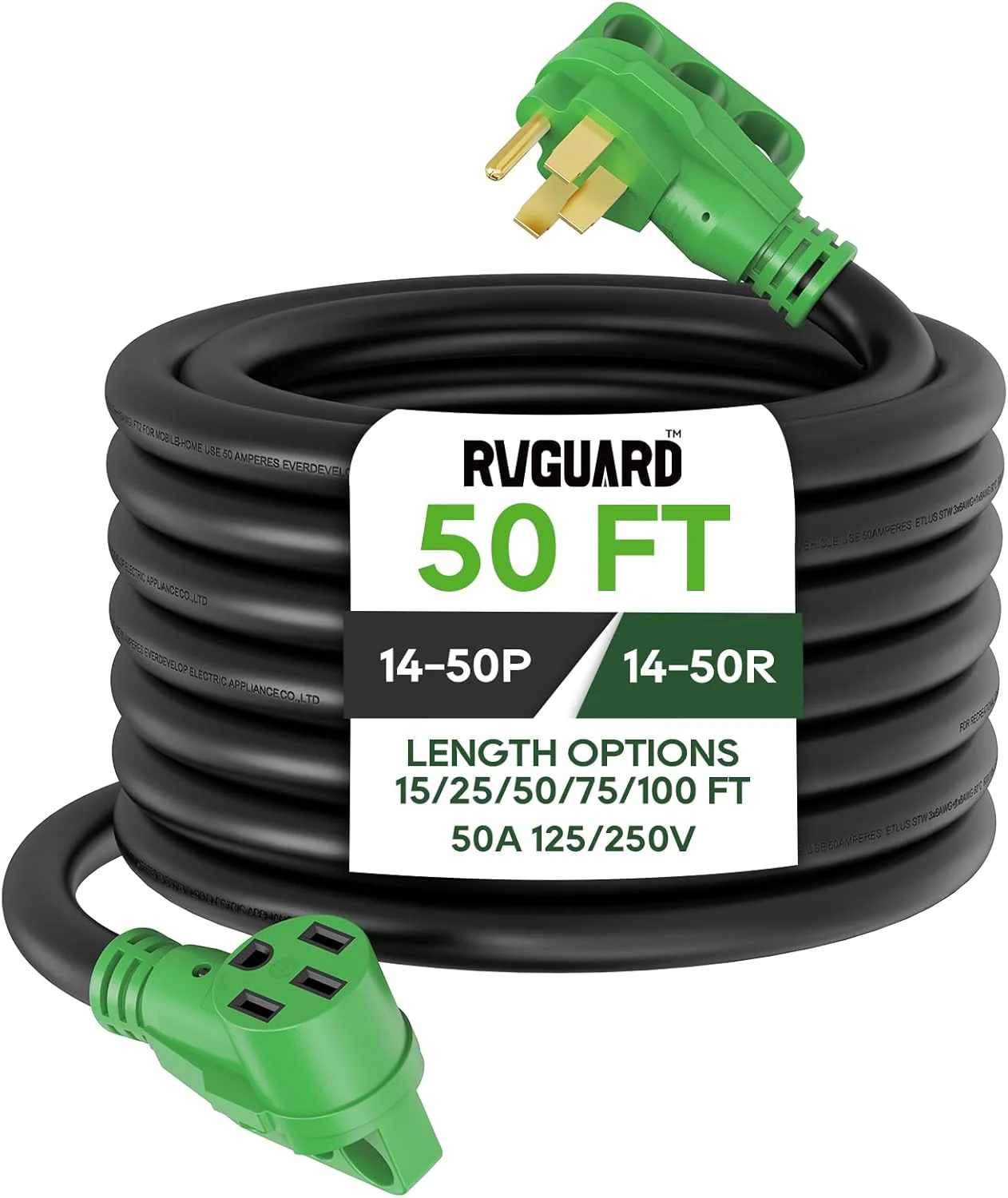 50 Amp 50 Foot RV/EV Extension Cord, NEMA 14-50P/R Heavy Duty Extension Cord with LED Power Indicator and Cord Organizer, Green, ETL Listed(50 Foot)