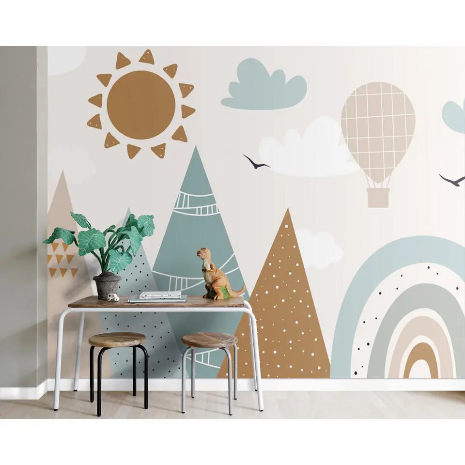 ESTAhome fotobehang bergen vergrijsd blauw en warm oranje - 300 x 279 cm