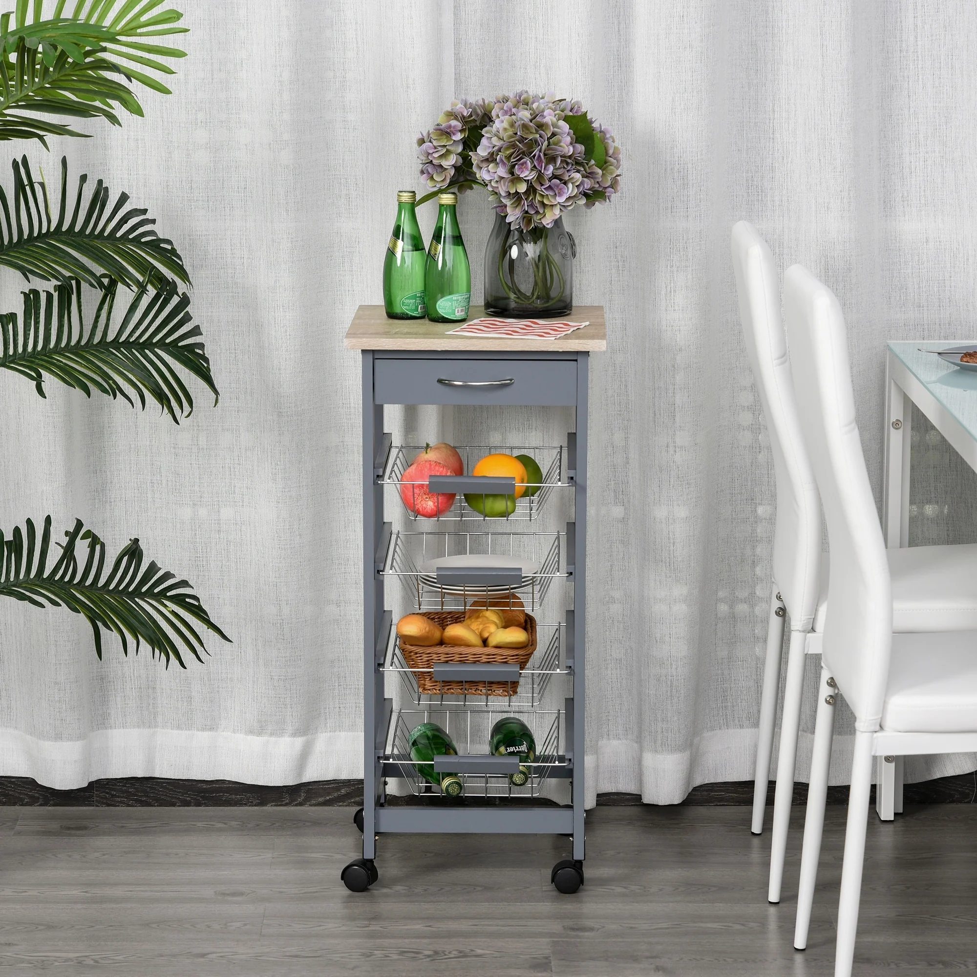 HOMCOM 32.25 Wooden Rolling Kitchen Storage Cart on 360-deg Swivel Wheels with Ample Storage Space & Solid Structure