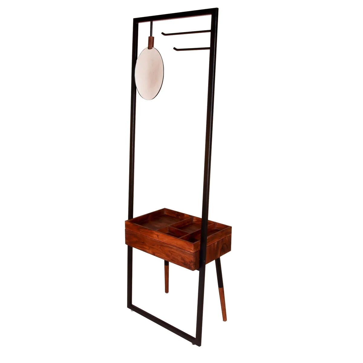 71 Inch Metal Frame Coat Rack, Built In Mirror, 1 Drawer, Acacia Wood, Brown, Black