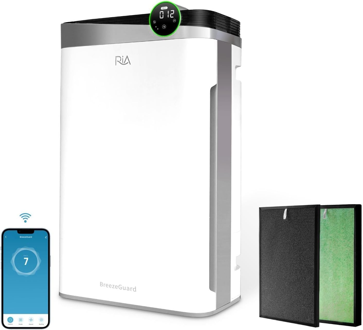 RIA Smart Air Purifier BreezeGuard 2-in-1 with Built-In Humidifier, Industrial-Grade Air Cleaner, for Large Homes up to 2500 SqFt, Smart App Remote Control, Removes Wildfire Smoke, PM2.5, Allergens