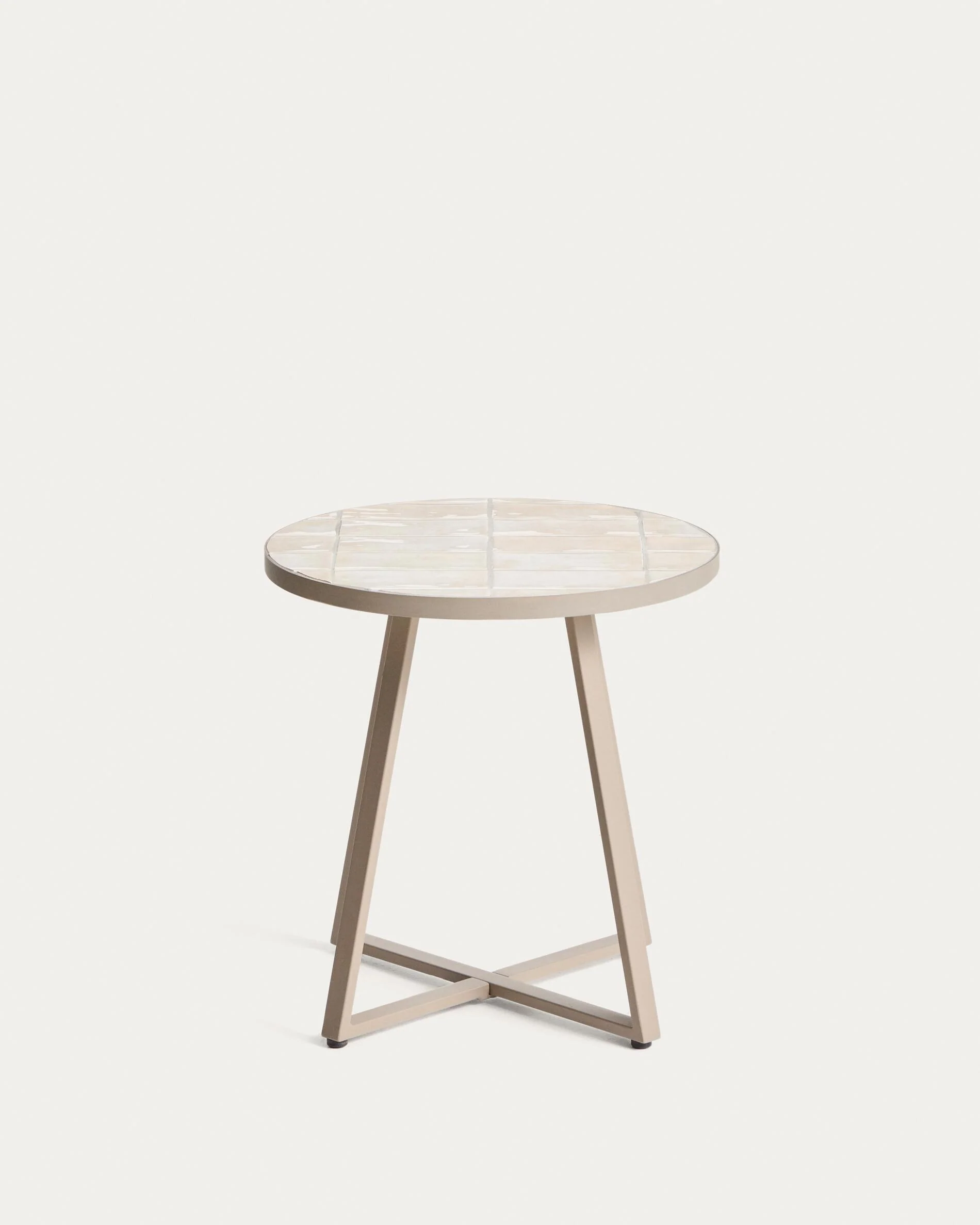 Tella round side table in galvanised steel with beige tiles Ø45 cm