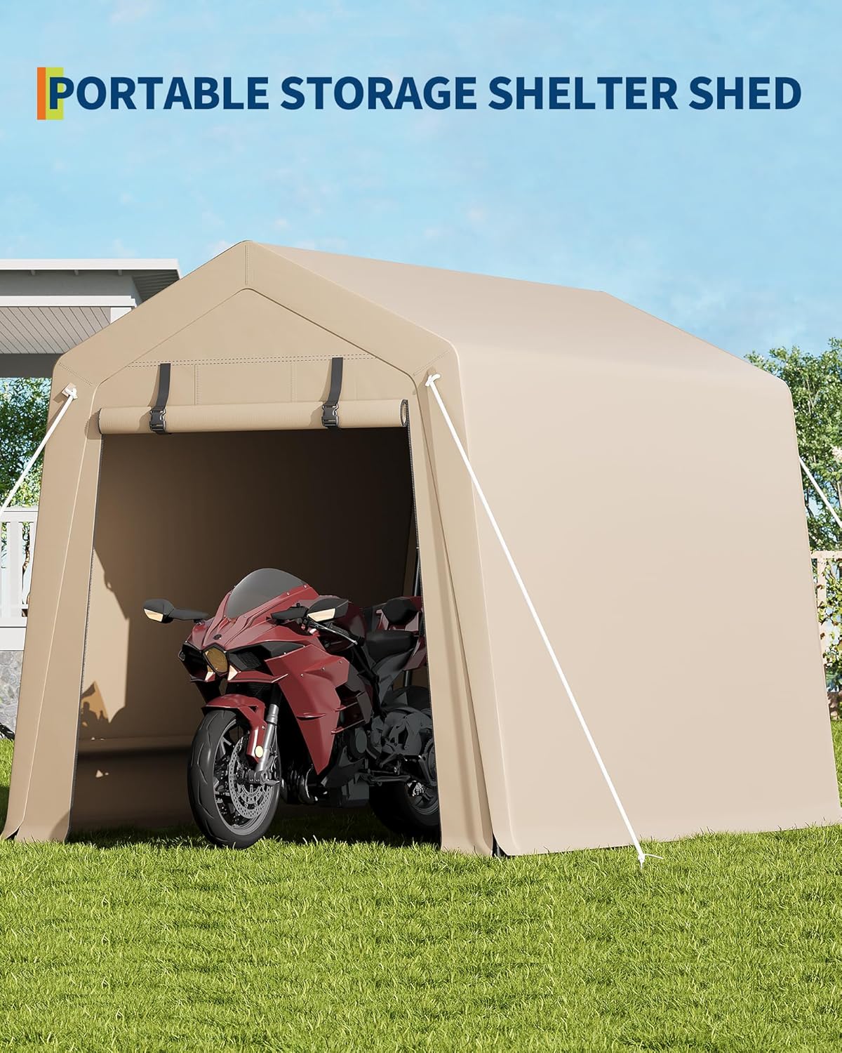 6x8 FT Portable Outdoor Storage Shelter Shed with Roll-Up Zippered Door, Heavy-Duty Waterproof and UV-Resistant Carport Tent, Suitable for Storing Motorcycles, Bicycles, Lawn Mower, Tools Khaki