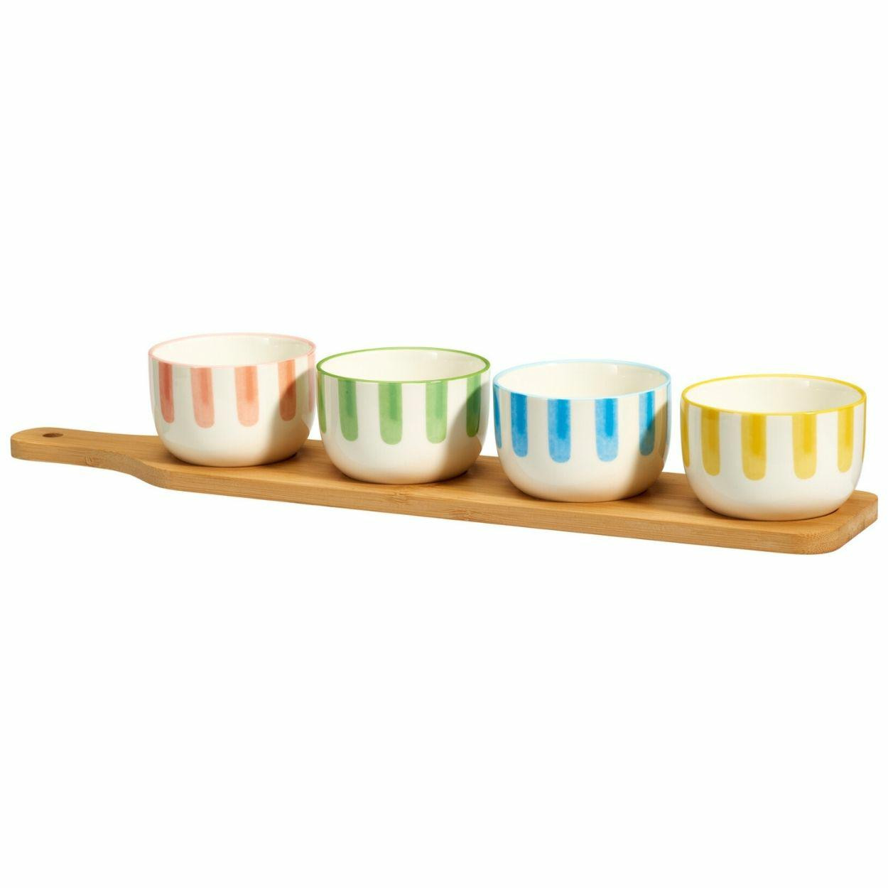 Zestaw do serwowania Sunny Stripes: taca bambusowa z uchwytem   4 miseczki