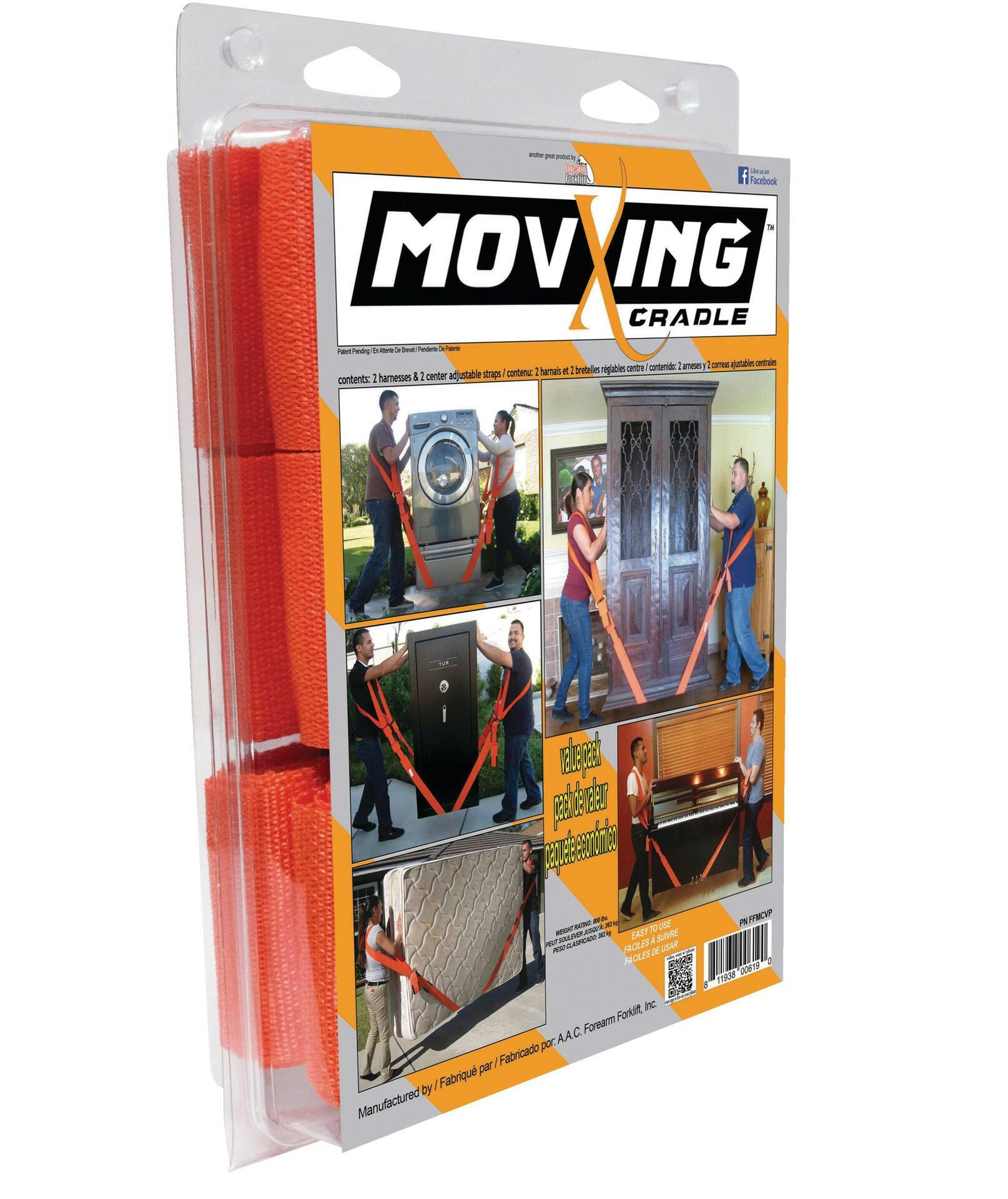 Forearm Forklift Adjustable Moving Cradle, 800-lb Capacity, Orange, 2-pc