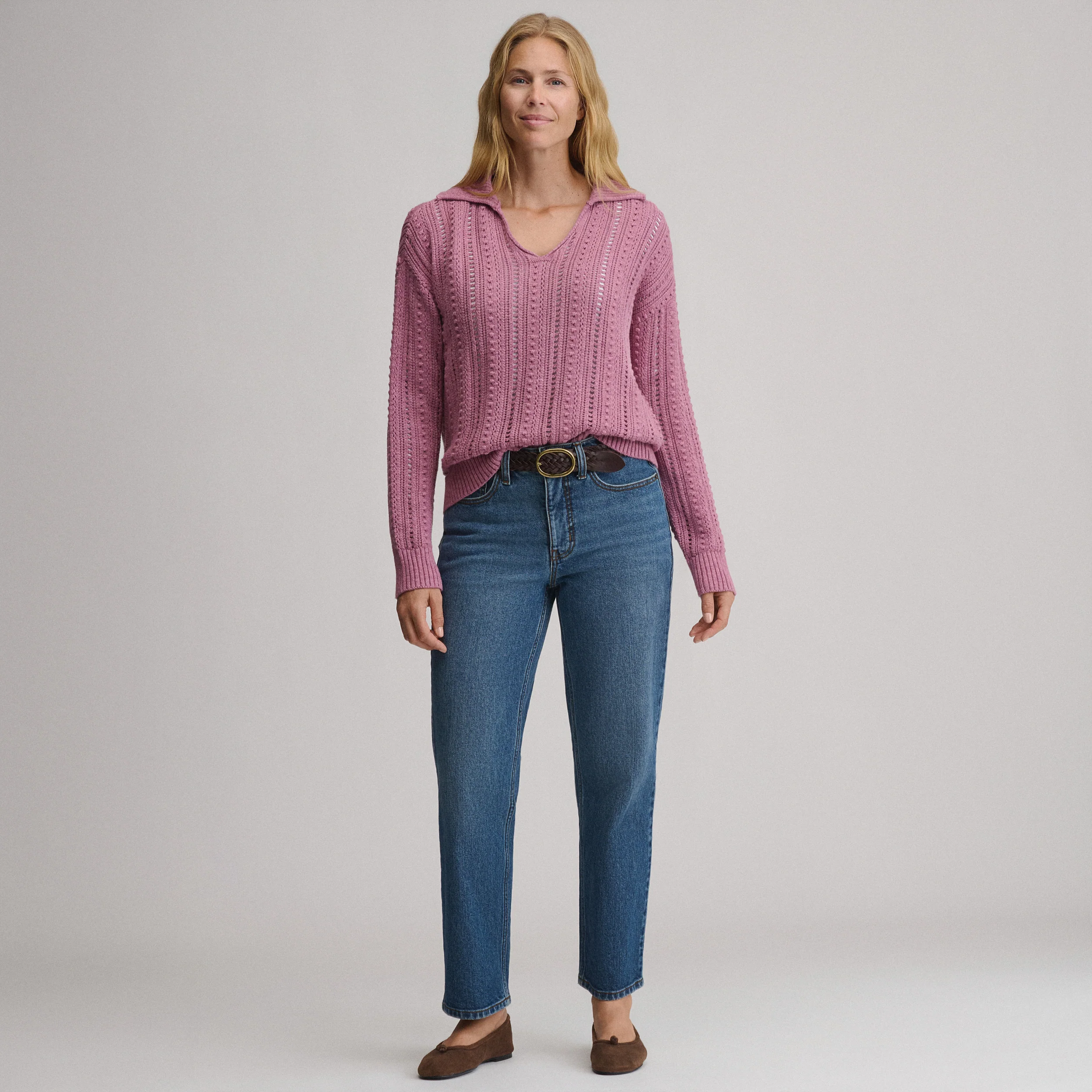 Women's Long-Sleeve Slub Johnny Collar Sweater