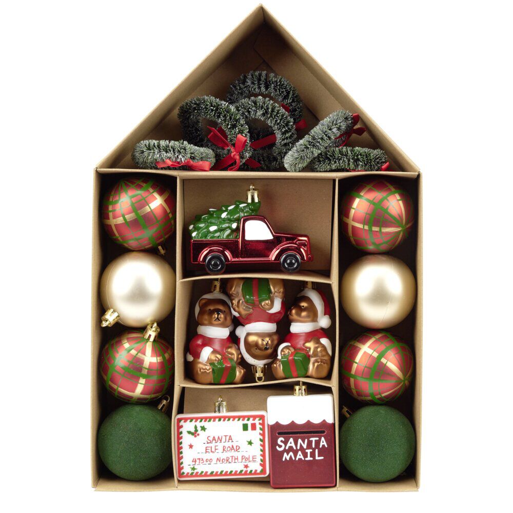 Kit décoration sapin de No&euml;l traditionnel rouge et vert 20 pièces