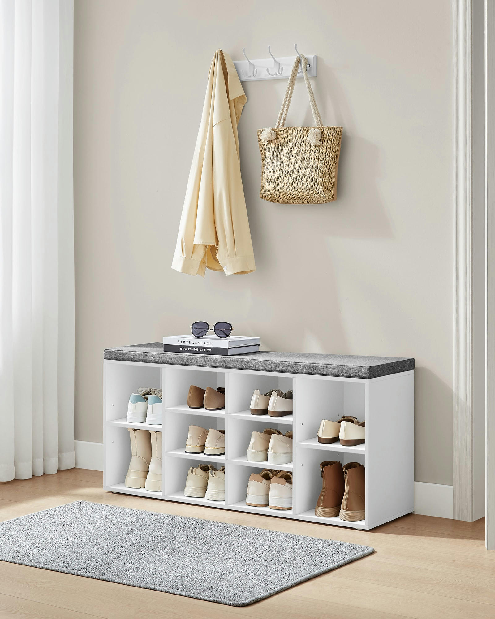 - Banc à chaussures avec coussin d'assise 10 compartiments blanc