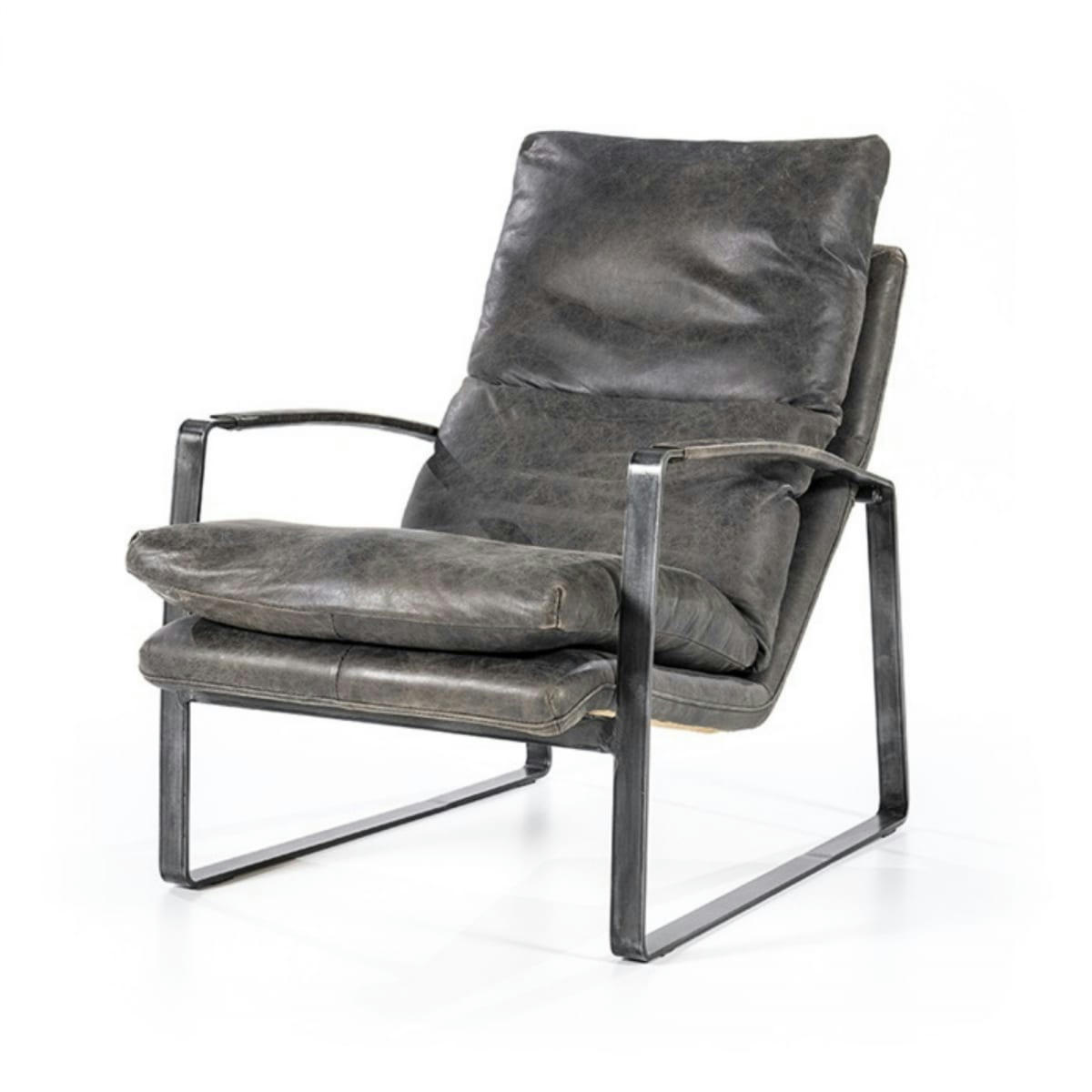 LUKAS - Fauteuil cuir vintage accoudoirs métal noir gris foncé