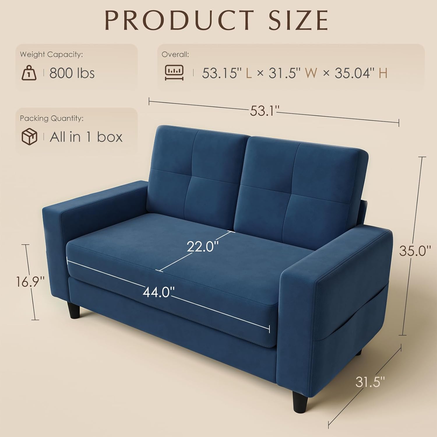 Loveseat Sofa丨53 inch Love Seat Small Couch for Small Space 丨7.5” Thick Seat Cushion Sofas for Bedroom丨Chenille Mini Couch for Apartment Navy Blue