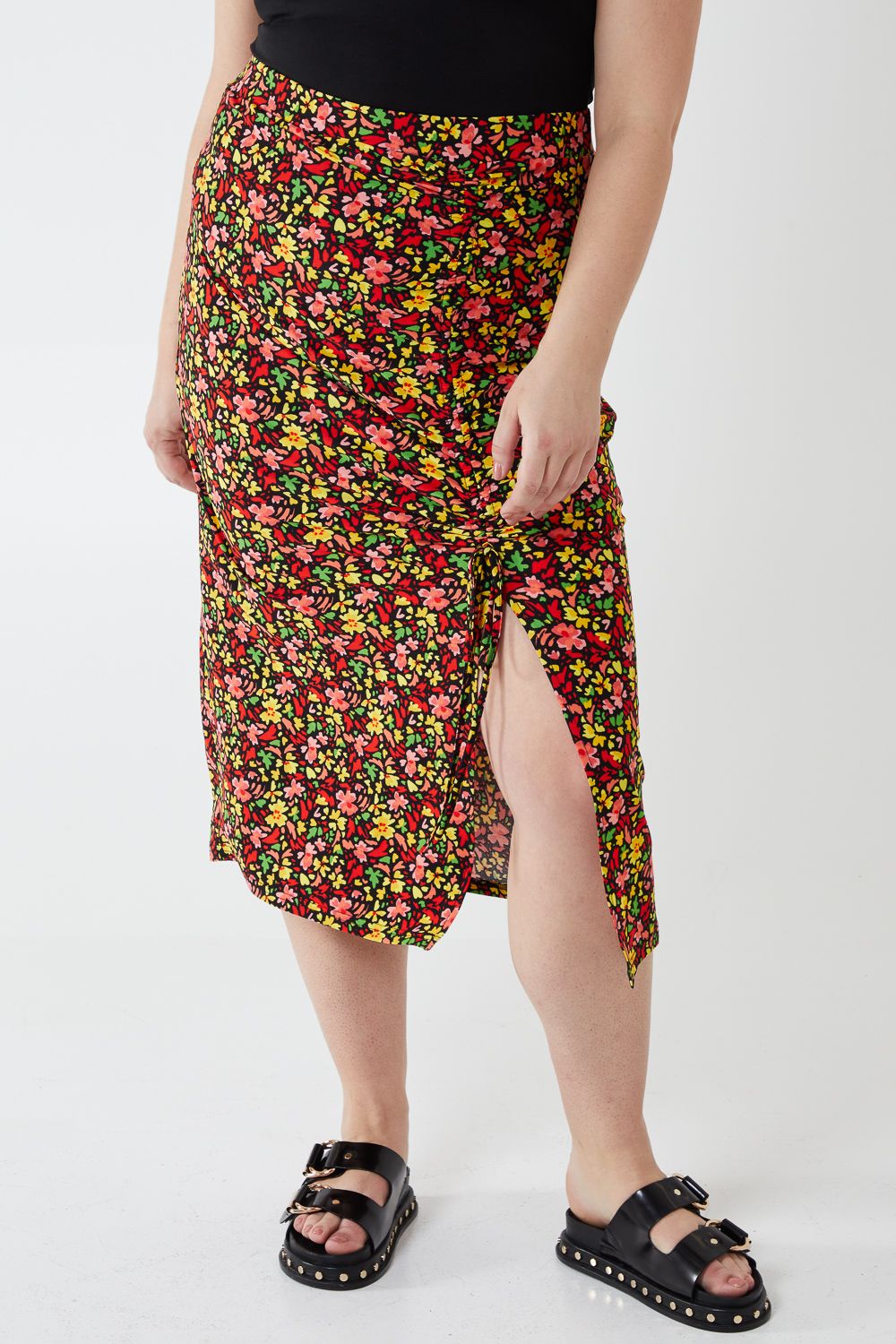 Blue Vanilla Curve Plus Size Ruched Front Midi Skirt