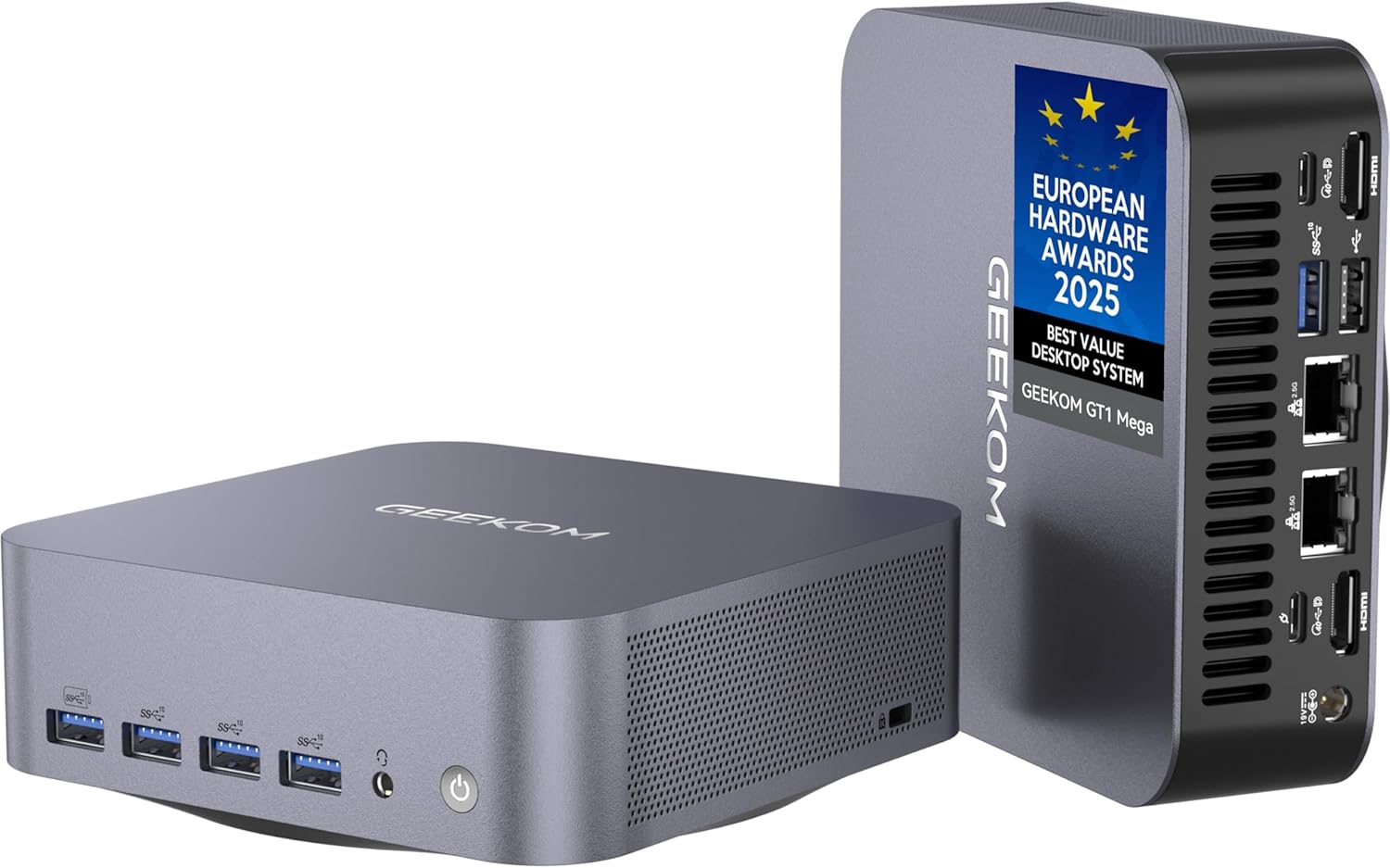 GEEKOM GT1 Mega AI Mini PC  with Intel 14th Gen Core Ultra 9 185H | 32GB DDR5 1TB NVMe SSD | Intel Arc Graphics | Dual 2.5G LAN & WiFi 7 | 8K Quad Display | Windows 11 Pro | 3-Year Warranty | SD Solt