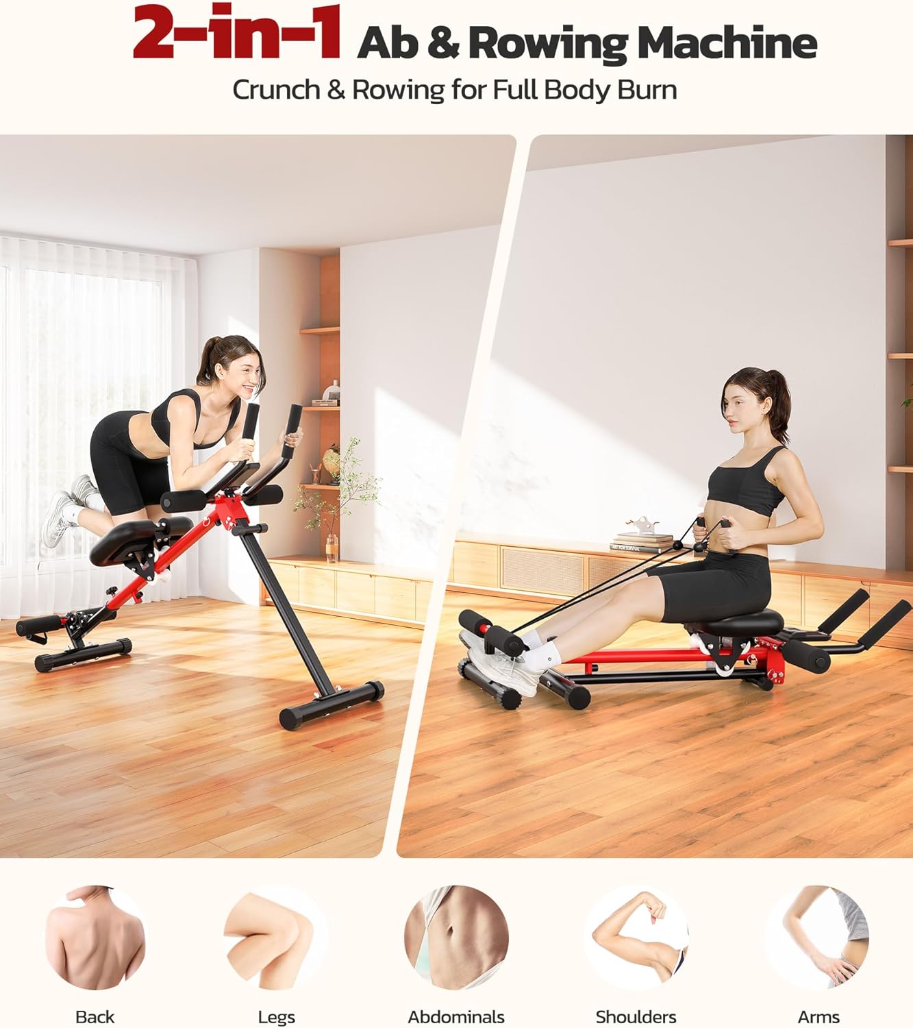 Yoleo 2 in 1 Ab & Rowing Machines for Home, Foldable Ab Workout Equipment, Ab Trainer Machine for Stomach Workout, Ab Crunch Machine with Foam Support,7-Length Adjustable Ab Machine for Home Exercise