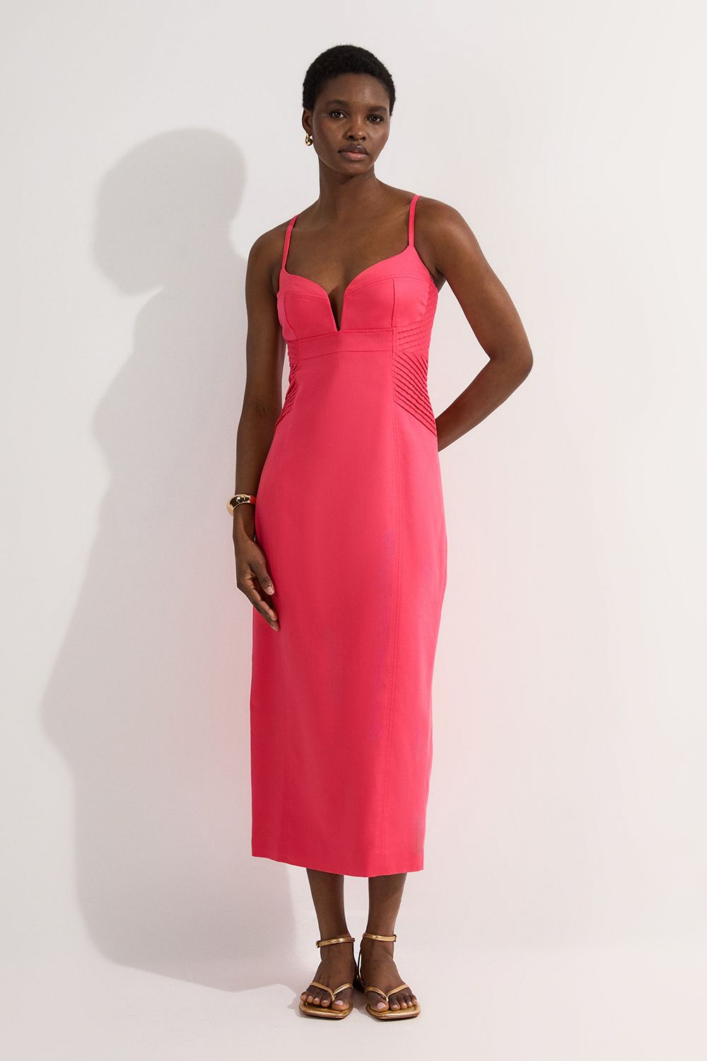 KarenMillen Tall Premium Linen Pintuck Detail Pencil Tailored Midi Dress