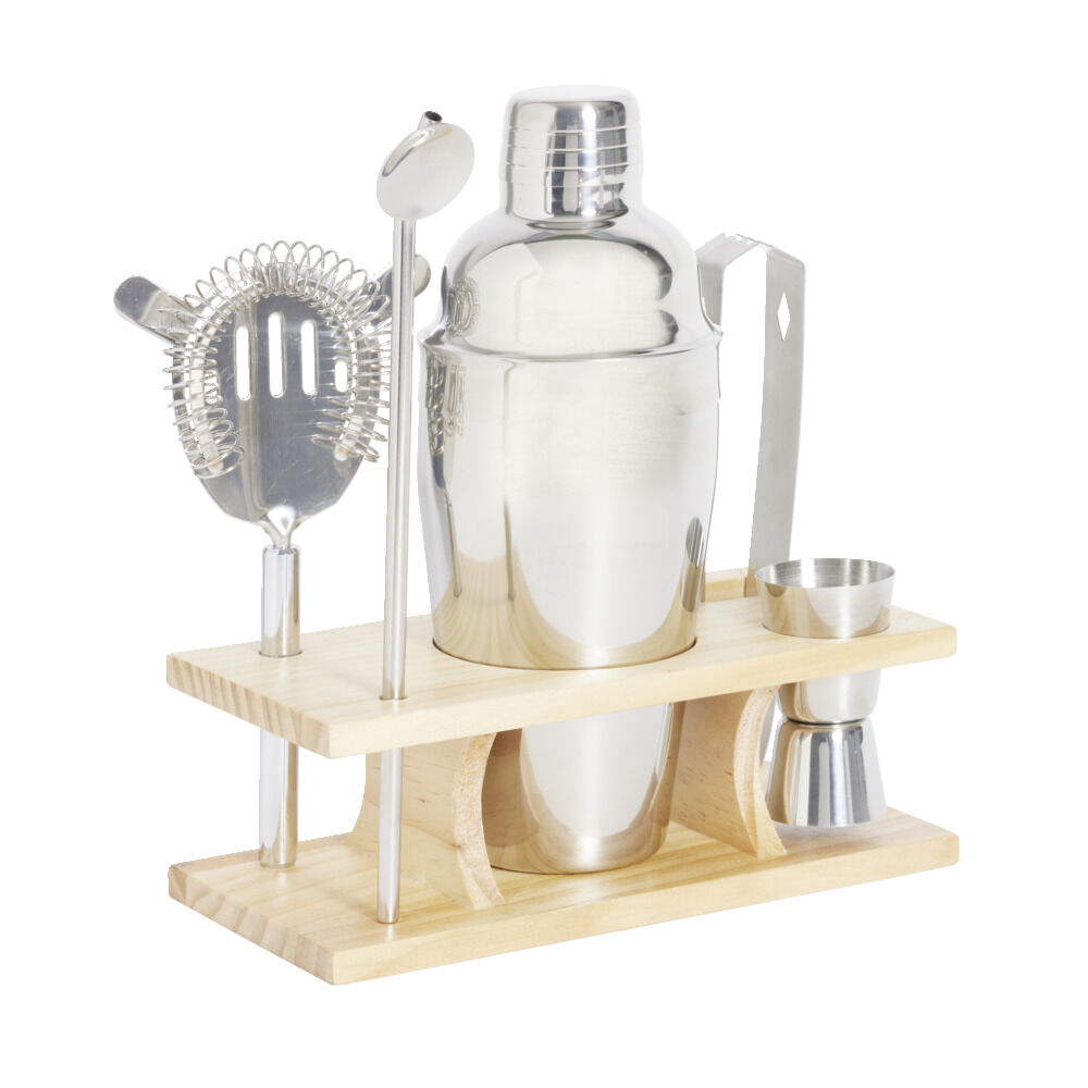 Set à cocktail acier avec support bois 6 pièces