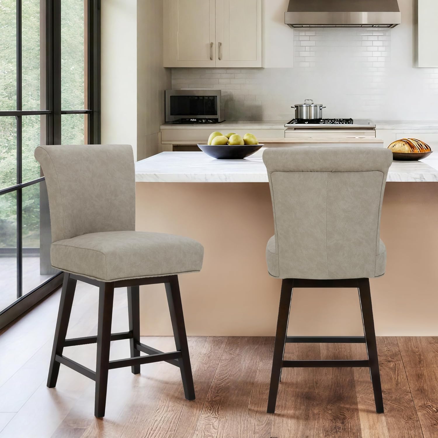 CHITA 26 Inch Counter Height Swivel Bar Stools Set of 2, FSC Certified Modern Upholstered Faux Leather Swivel Barstool Chair with Back, Stone Grey