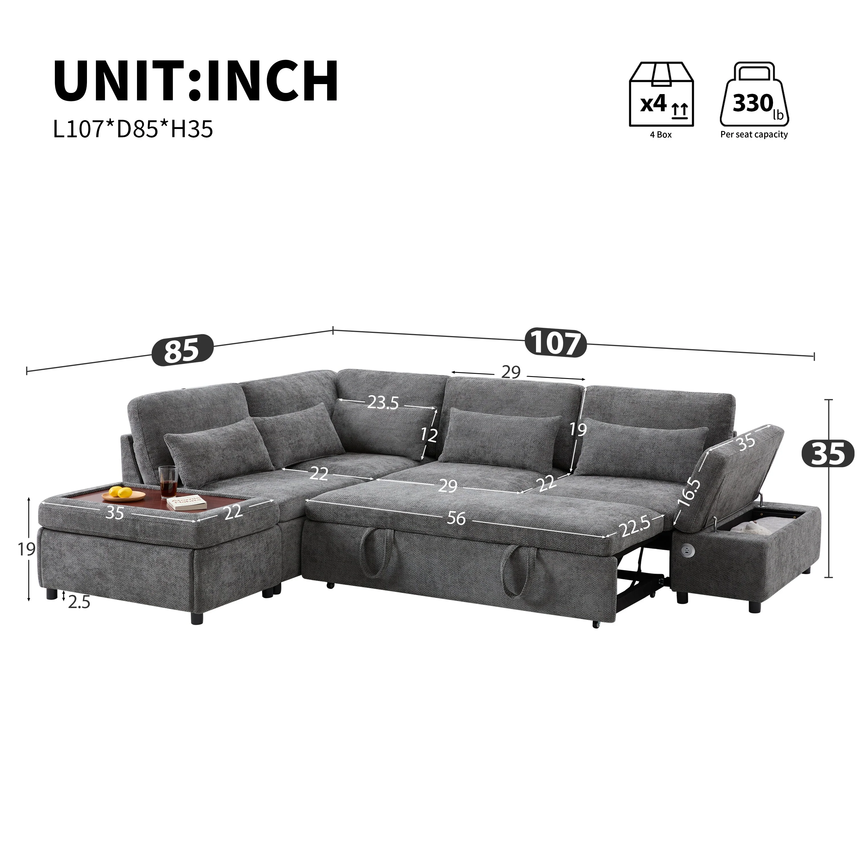 Modular Sectional Pull-out Sofa,L shape with Wide Seats,Free Movement Storage Ottoman,Free Combination,Oversized Chenille Sofa