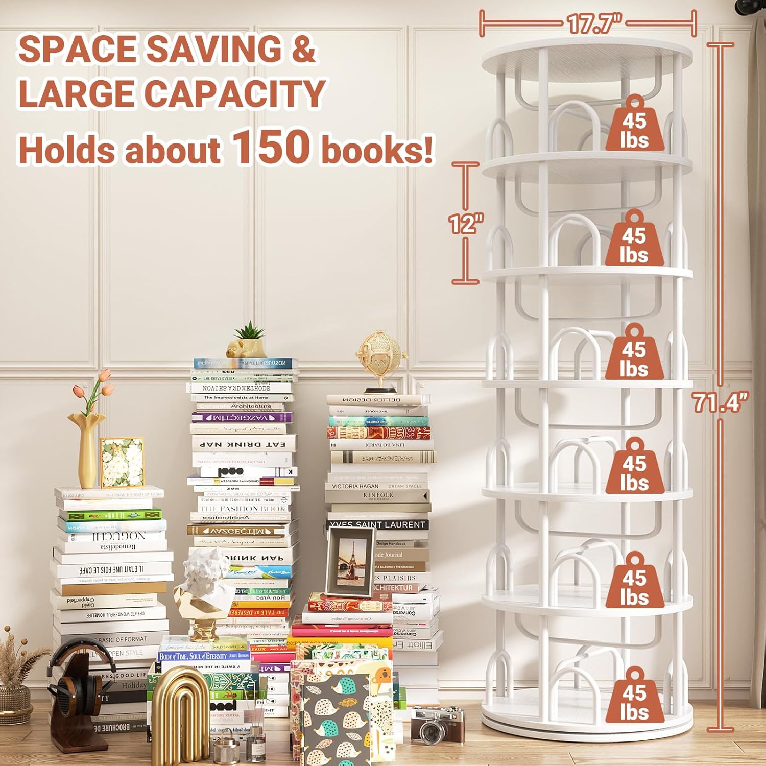 Aheaplus 6 Tier Rotating Bookshelf Tower, Revolving Bookcase, 360° Round Spinning Book Shelf, Narrow Swivel Bookshelves Vertical Rolling Turning Corner Bookshelf Organizer for Small Space, White