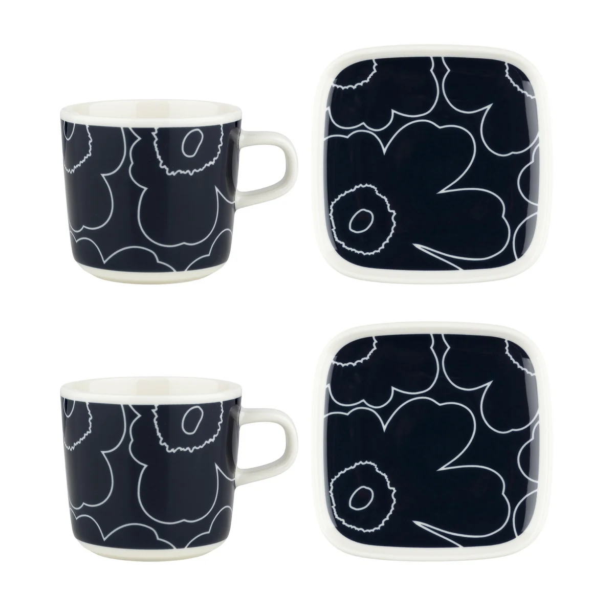 Marimekko - Oiva Piirto Unikko Becher mit Henkel & Teller, weiß / dunkelblau (4er-Set) (60th Anniversary Collection)