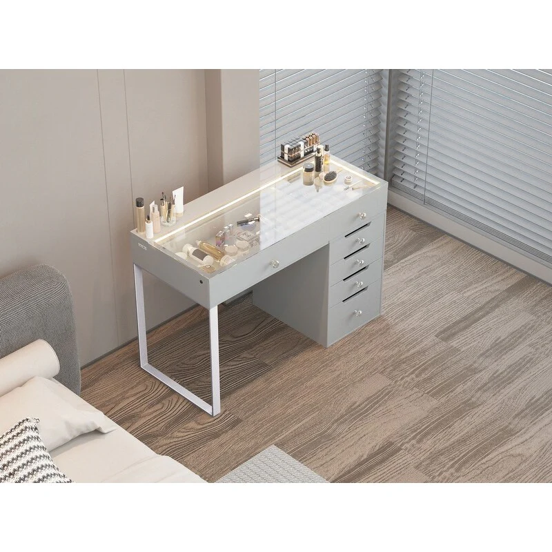 VANITII 6 Drawers Modern Makeup Vanity Table LED Lights Stainless Steel Glass Vanity Desk For Bedroom White