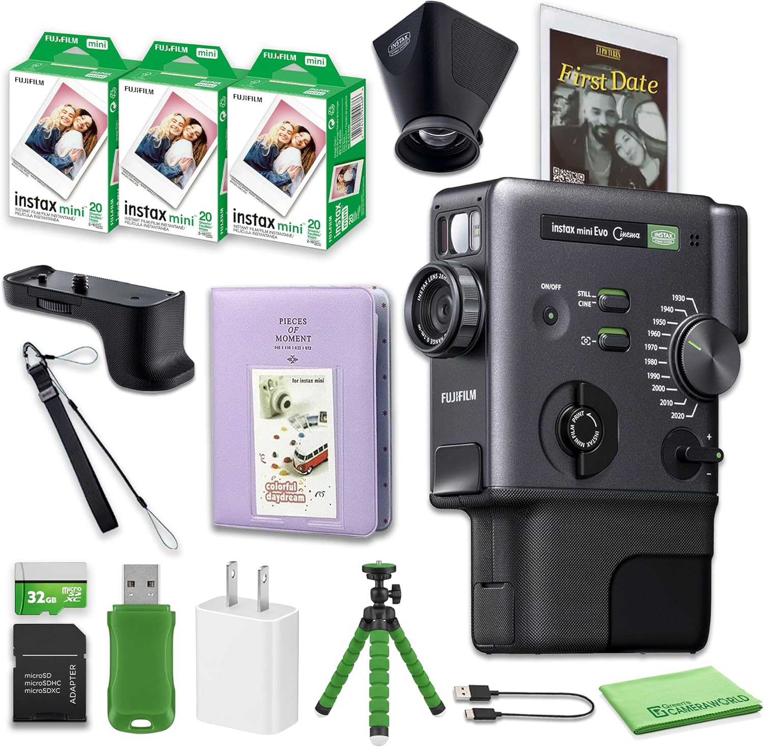 FUJIFILM instax mini Evo Cinema Hybrid Instant Camera Value Bundle with Viewfinder Grip + Album + Tripod + 32GB Card + USB Reader and 60-Photo Instax Mini Film