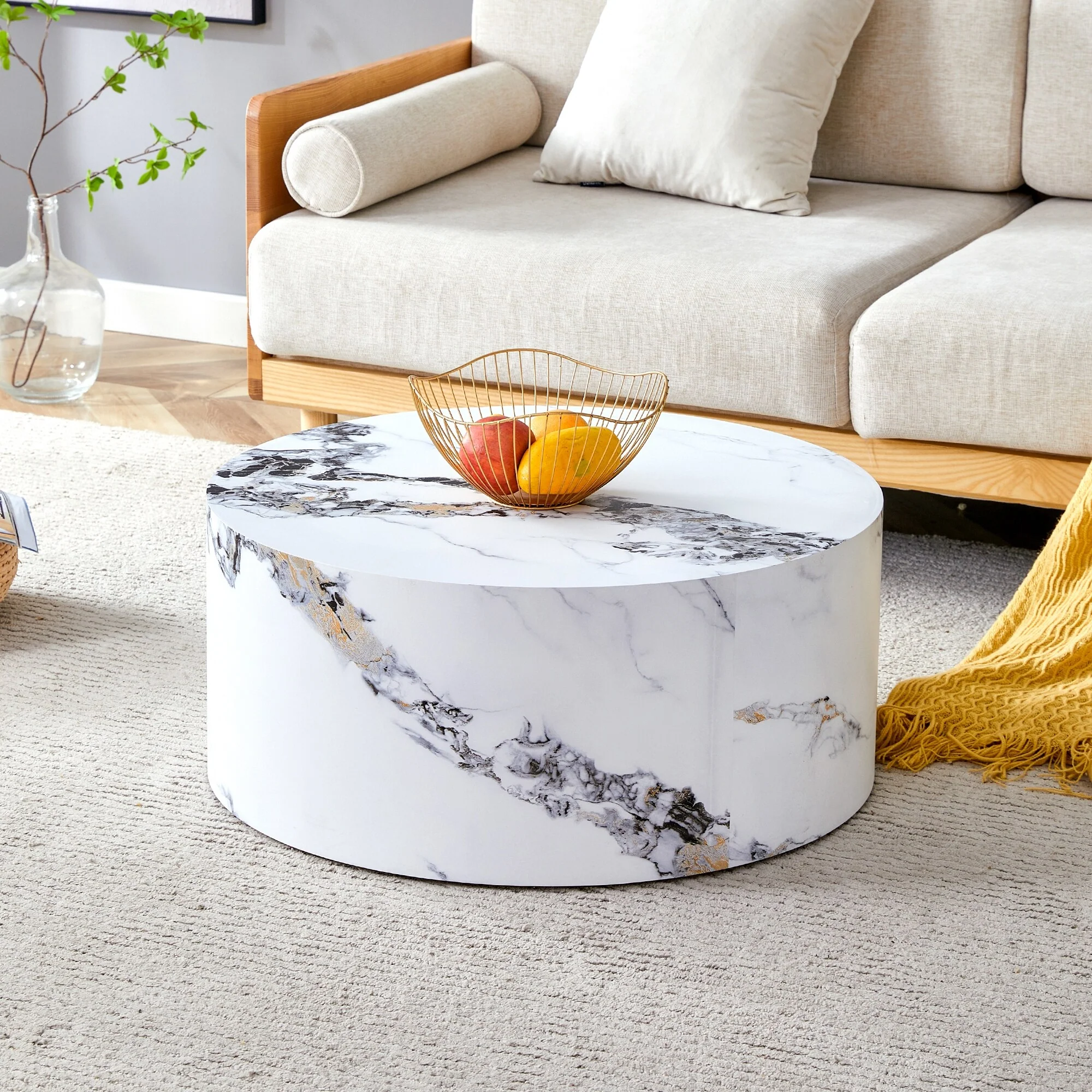Round Faux Marble Coffee Table, Modern Drum Center Table Wood End Table for Living Room, Apartment, Office