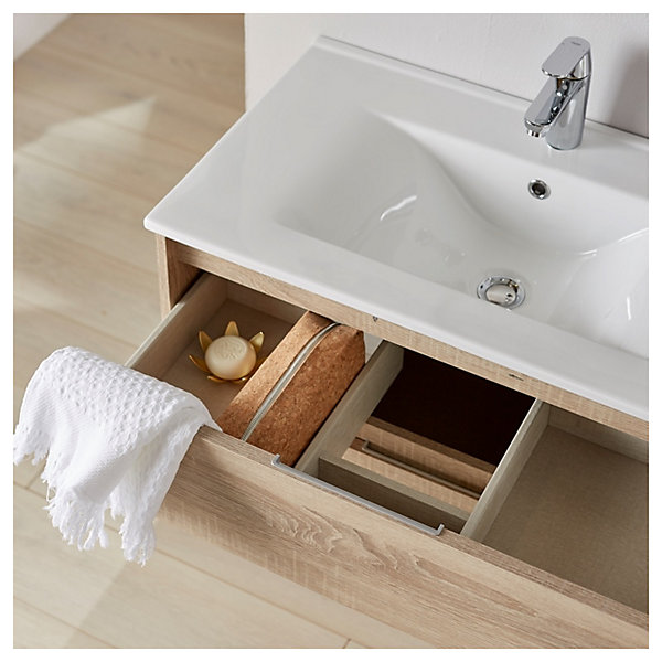 Meuble salle de bain - 80 cm - avec plan vasque - Effet chêne cambrian - A suspendre - miroir et éclairage inclus - Siris