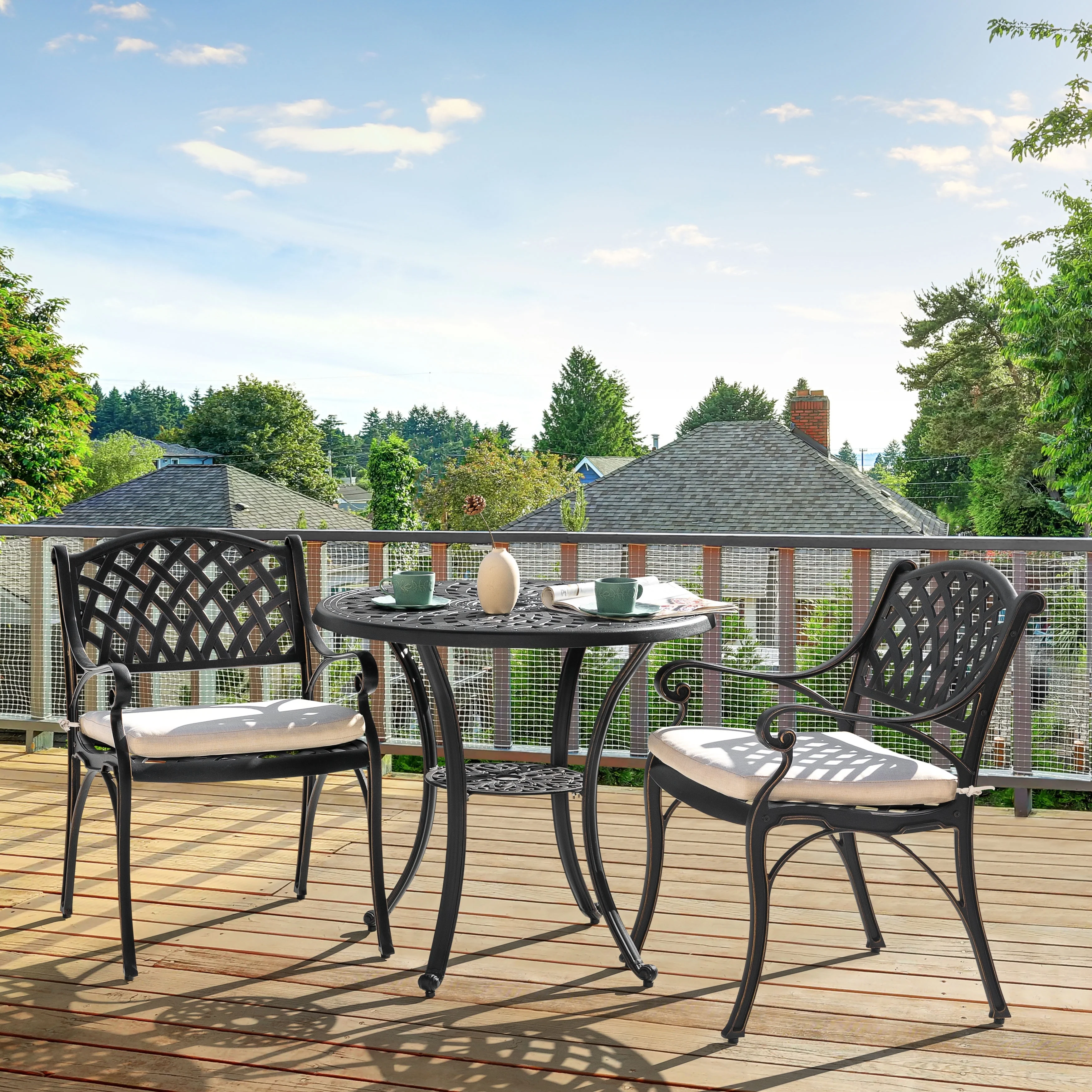 Outdoor 3-Piece Bistro Set with Umbrella Hole, Black with Gold-Painted Edge