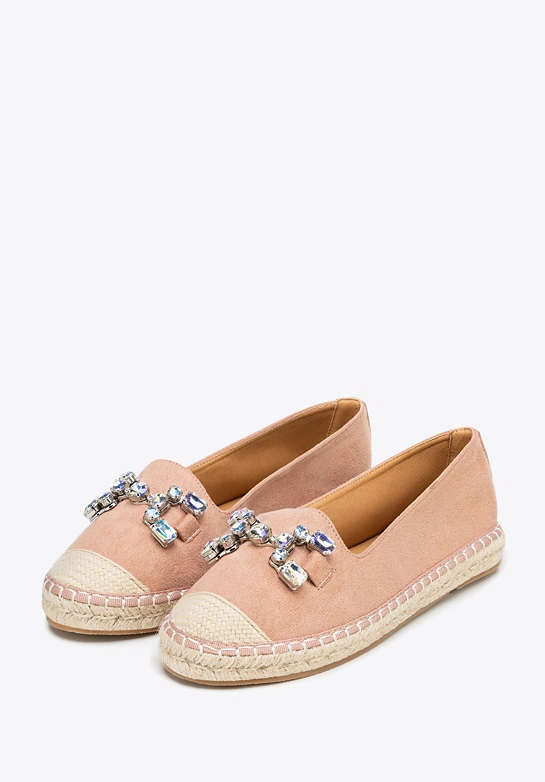 Damskie espadryle z biżuteryjną ozdobą beżowo - różowe