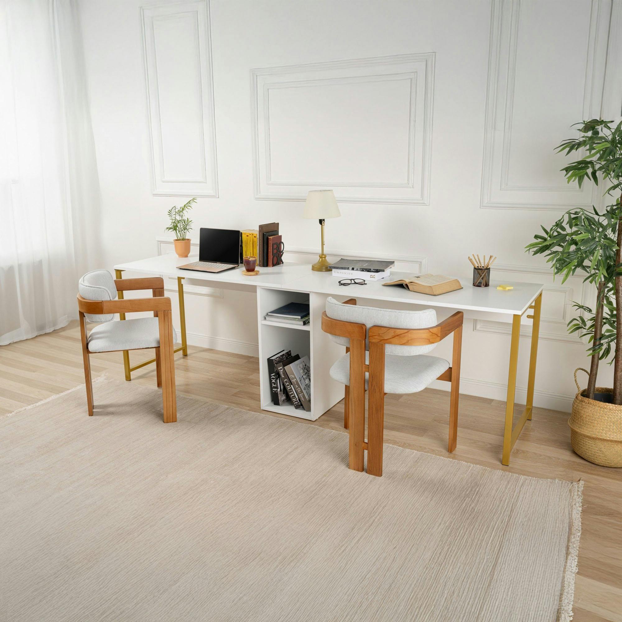Bureau double blanc avec rangement central intégré MARFA