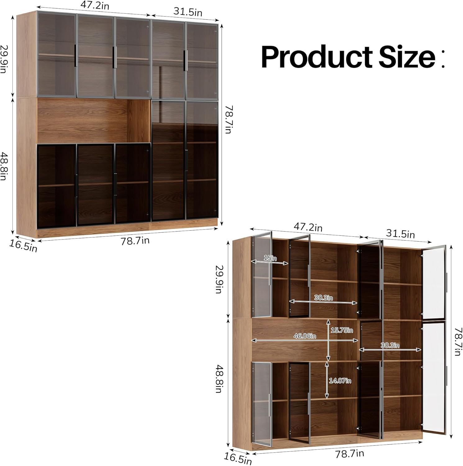 5 Tier Glass Display Cabinet with Adjustable LED Lights, 78.7 Lighted Curio Cabinet with Glass Doors & Shelves, Tall Display Case for Collectibles - Walnut