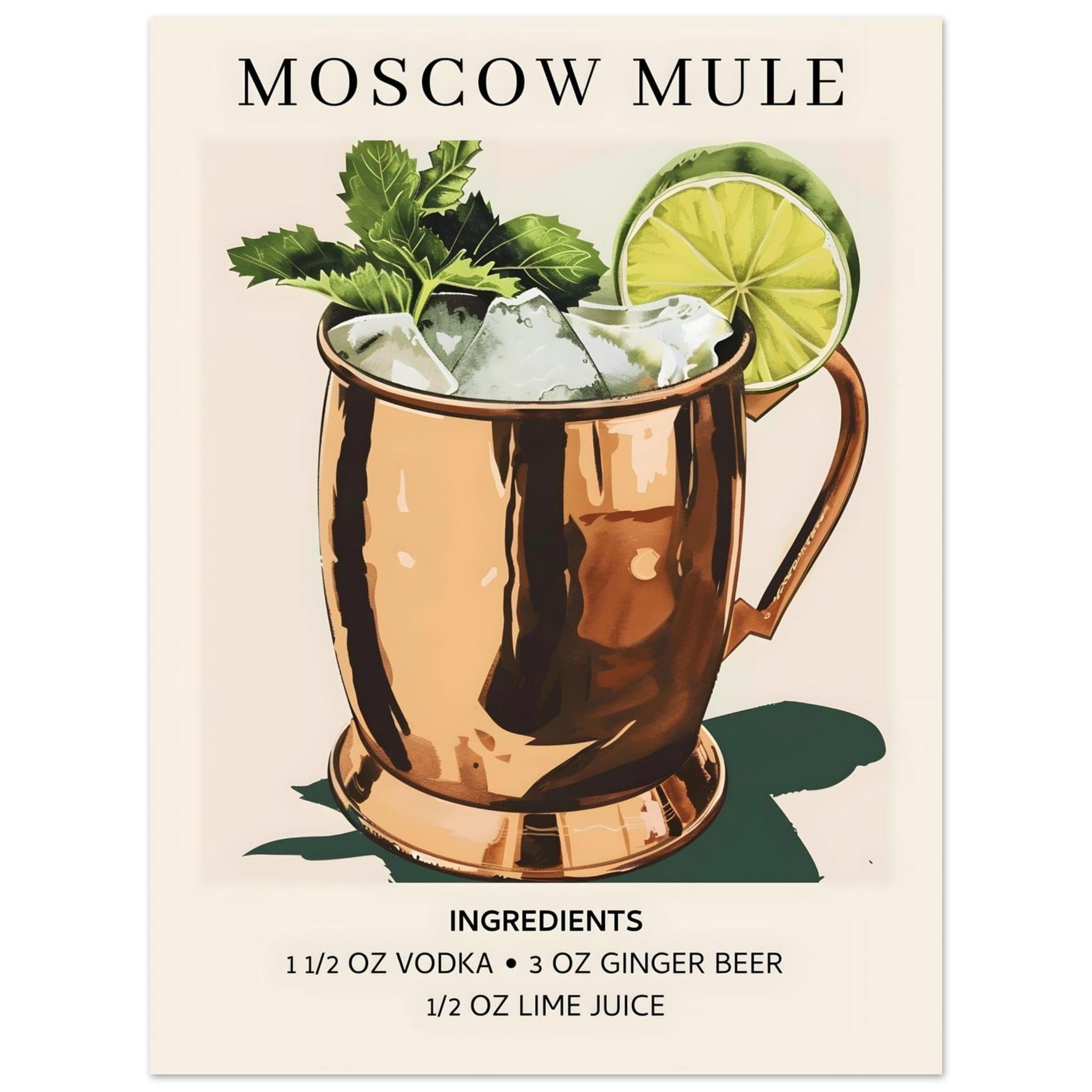 Artfulprints Poster Moscow Mule cocktail I - Ingrediënten  - 30x40 cm - Meerkleurig