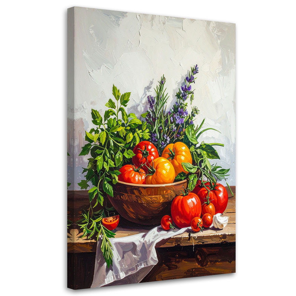 Obraz do kuchni jadalni restauracji, Martwa natura pomidory i zioła 20x30