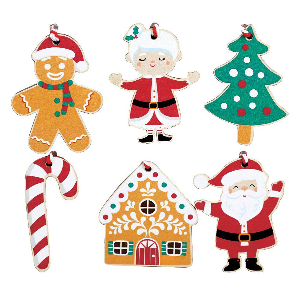 Lot de 6 décoration de No&euml;l en bois à suspendre H6cm