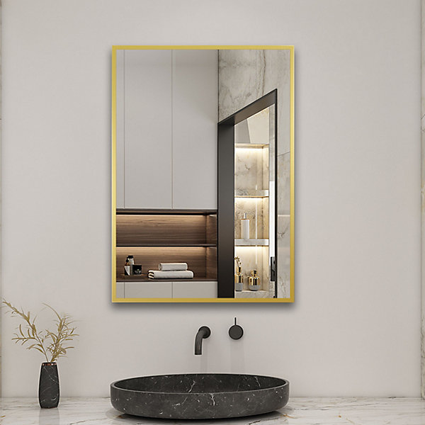 Miroir de salle de bain 80x60cm Cadre carré miroir or mat suspendu, horizontalement et verticalement, AICA SANITAIRE