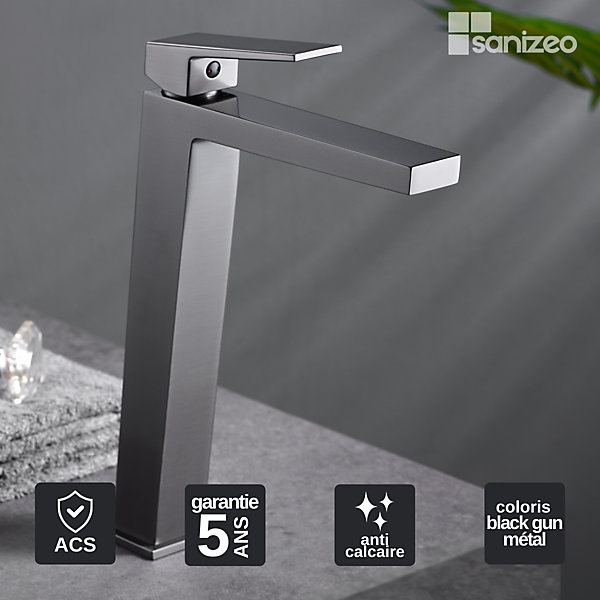Mitigeur de Lavabo Anti-Calcaire Bec Haut Black Gun Métal IMEX ART BDAR025-3BGM