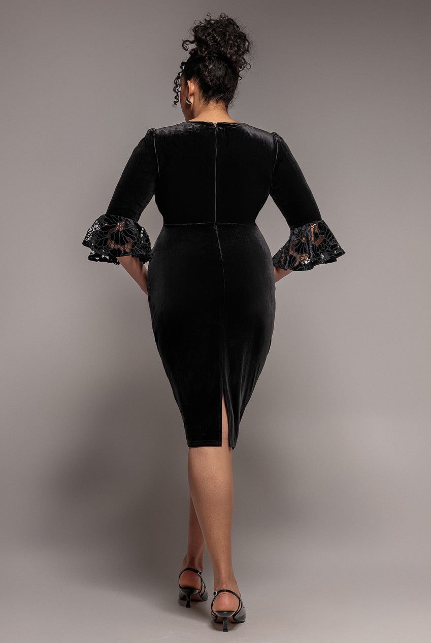 Goddiva Crochet Velvet Wrap Midi Dress