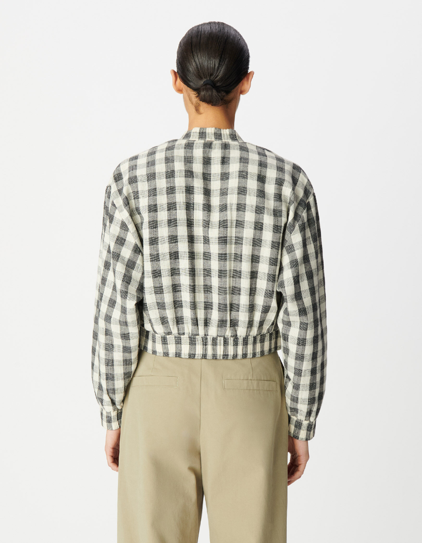 Blouson court écru motif carreaux Femme