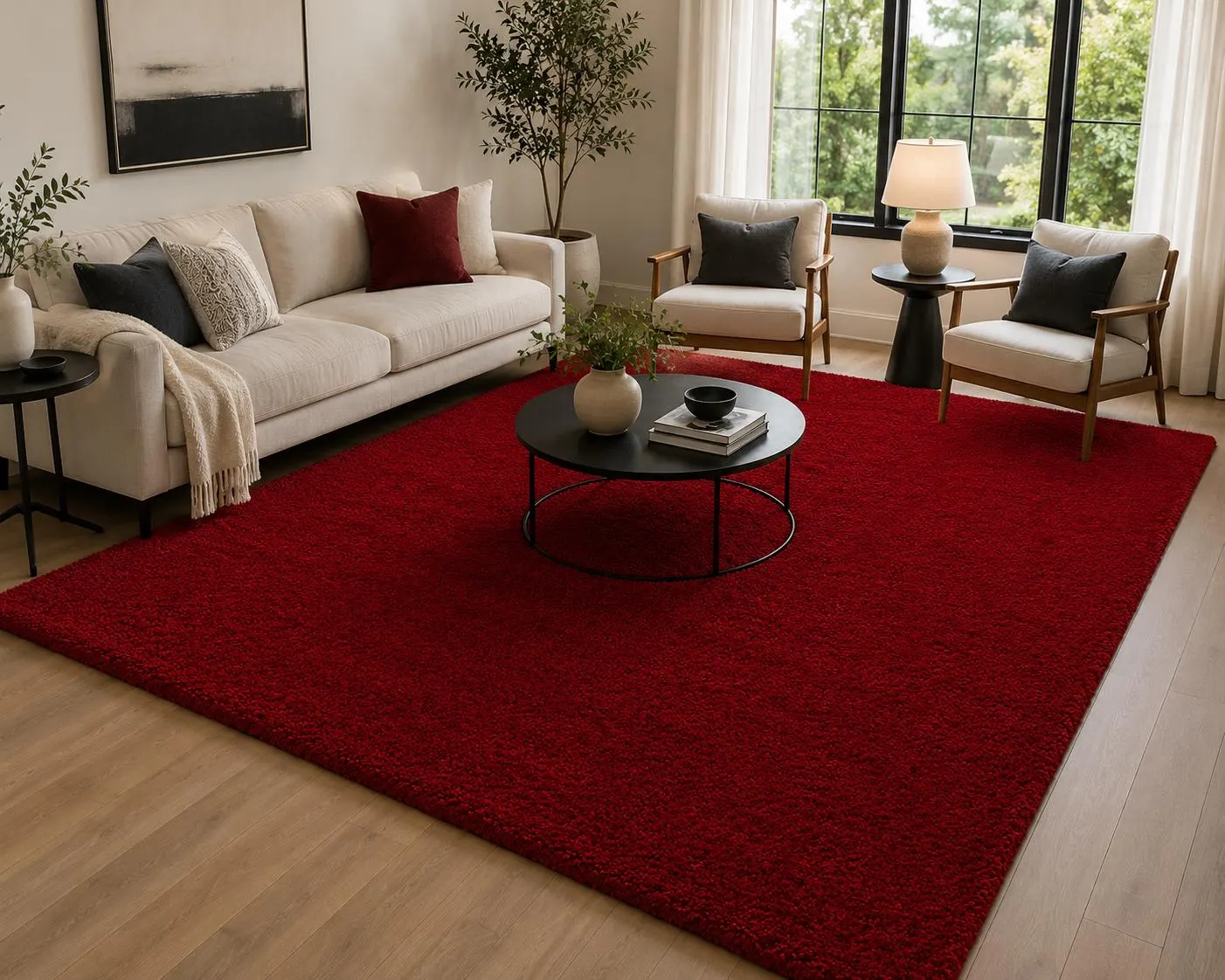 Hand-Tufted Burgundy Wool Rug, Plush Textured Wine Red Area Rug, Solid Oxblood Carpet, Rich Crimson Minimalist Contemporary Decor
