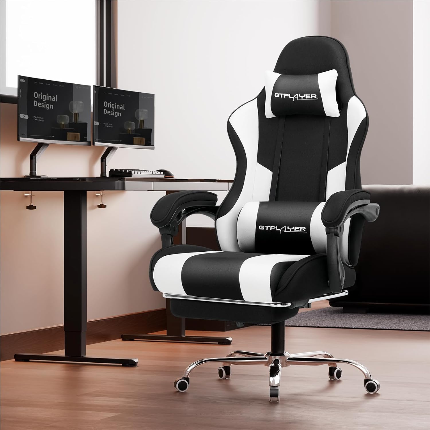 GTPLAYER Gaming Chair, Computer Chair with Footrest and Lumbar Support, Height Adjustable Game Chair with 360°-Swivel Seat and Headrest and for Office or Gaming (Fabric, Black White)