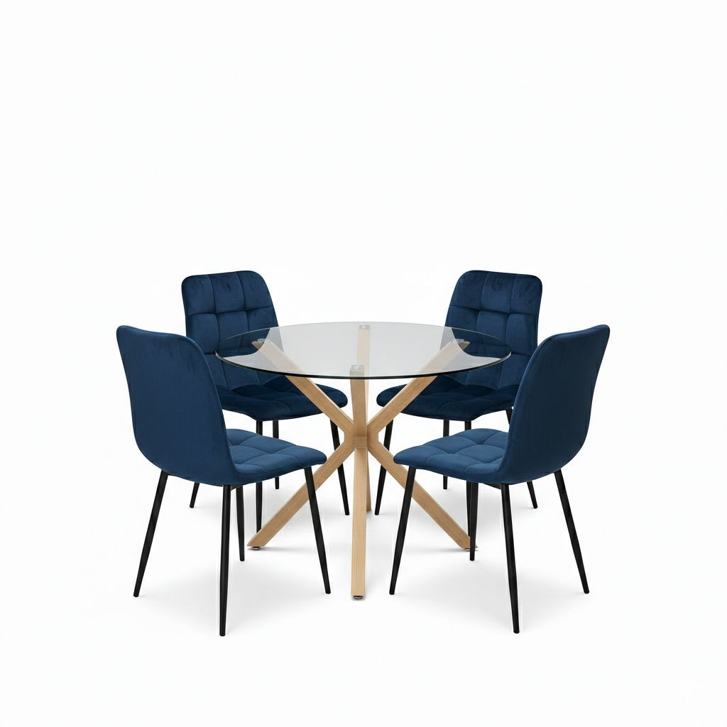 KOSY KOALA Round Glass Dining Table Set With 4 Blue velvet Chairs Furniture